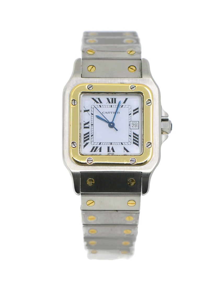 Cartier Santos 18K Steel Automatic Wristwatch With Box: Cartier Santos 18K Steel Automatic Wristwatch With Box This Cartier Santos wristwatch features a classic design with a stainless steel case and band, complemented by an 18K accent. The watch is equipp