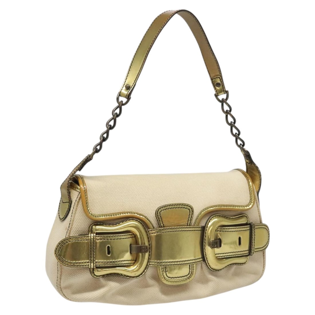 Fendi Chain Baguette Canvas Shoulder Bag Beige 30cm x 15cm x 7cm: Fendi Chain Baguette Canvas Shoulder Bag Beige 30cm x 15cm x 7cm This pre-owned Fendi Chain Baguette shoulder bag for women features a beige canvas exterior. The bag shows signs of use, including rubb