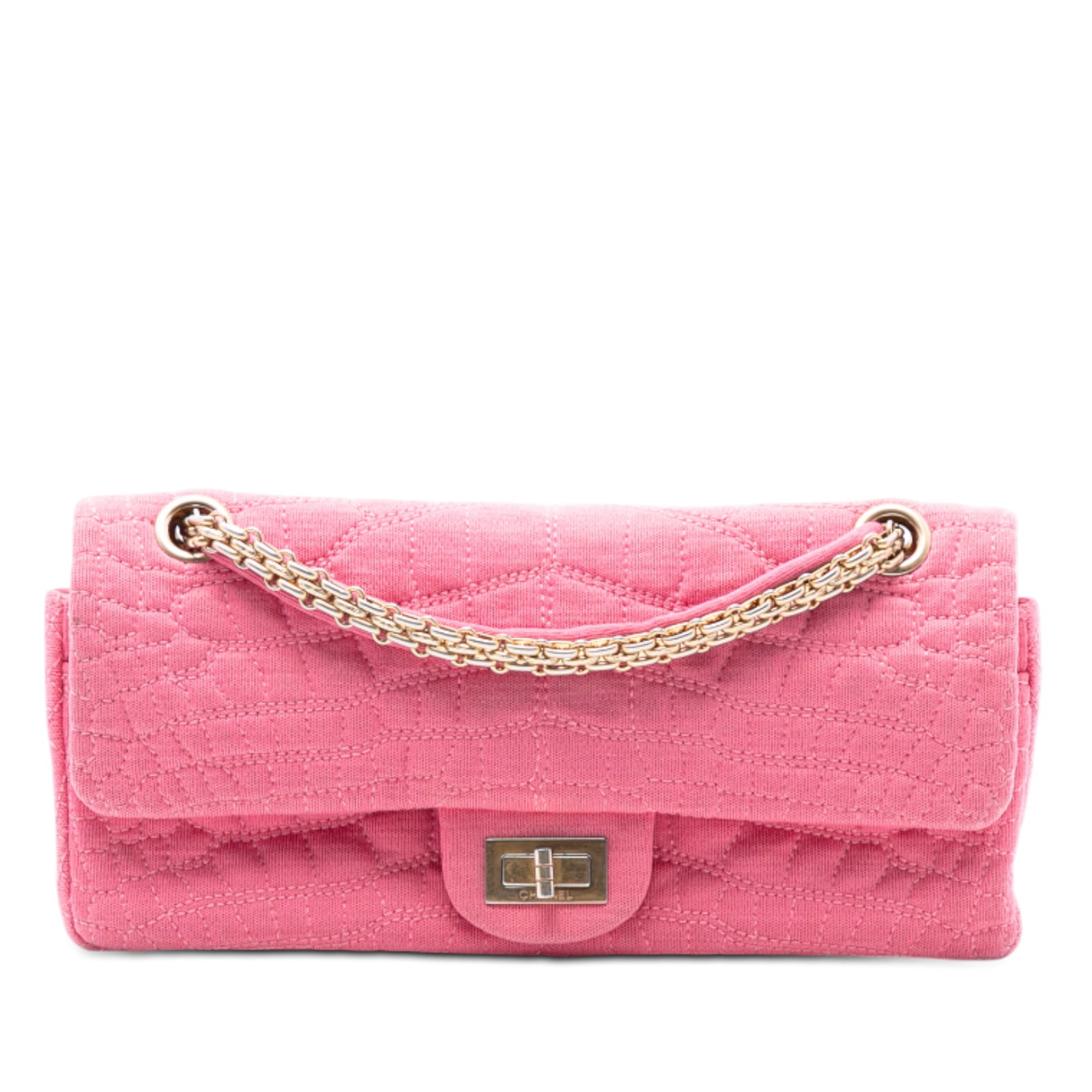 Chanel Reissue 2.55 East West Croc Quilted Jersey Double Flap Bag: Chanel Reissue 2.55 East West Croc Quilted Jersey Double Flap Bag This Chanel Croc Quilted Jersey Reissue 2.55 East West Double Flap bag features a quilted jersey body in pink, complemented by chain l