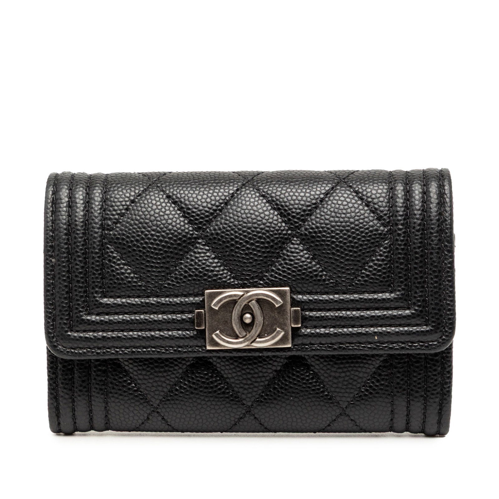 Chanel Boy Flap Black Quilted Caviar Leather Card Holder with CC Lock: Chanel Boy Flap Black Quilted Caviar Leather Card Holder with CC Lock This card holder features a black caviar leather body with a quilted design and is secured with a CC push lock closure. The compac