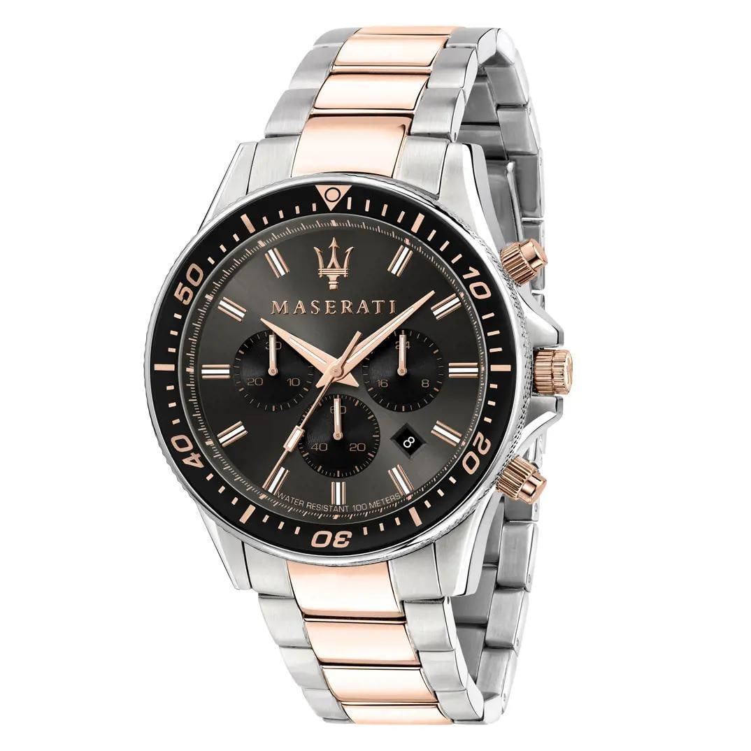 Maserati Sfida 44mm Two-Tone Quartz Men's Watch Black Dial R8873640002: Maserati Sfida 44mm Two-Tone Quartz Men's Watch Black Dial R8873640002 The Maserati Sfida is a stylish men's wristwatch featuring a 44mm round case crafted from stainless steel with a brushed finish. 