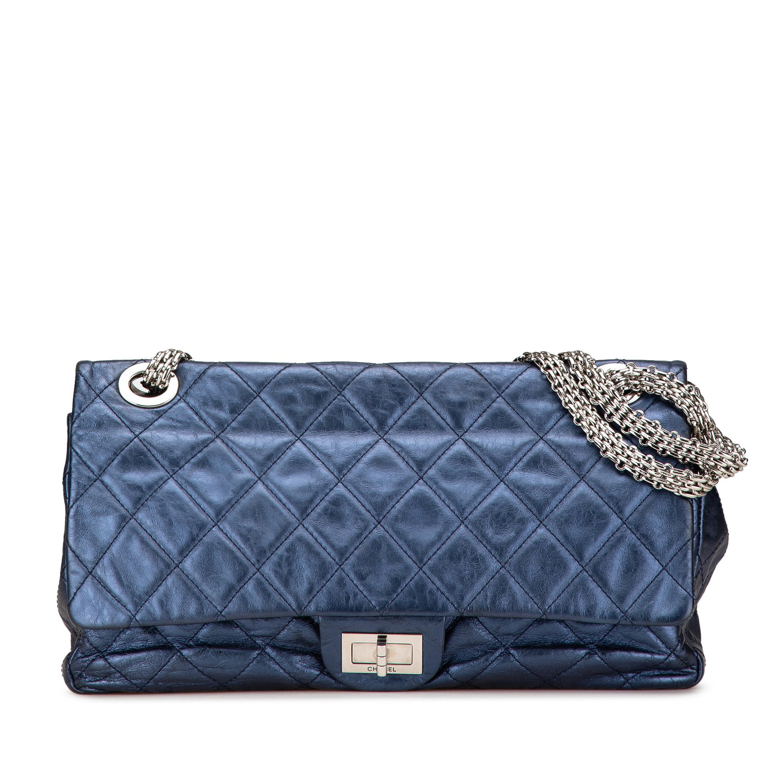 Chanel Reissue 2.55 227 Blue Metallic Quilted Aged Calfskin Double Flap Bag: Chanel Reissue 2.55 227 Blue Metallic Quilted Aged Calfskin Double Flap Bag This exquisite Chanel Reissue 2.55 shoulder bag is crafted from aged metallic calfskin leather and features a stunning blue 