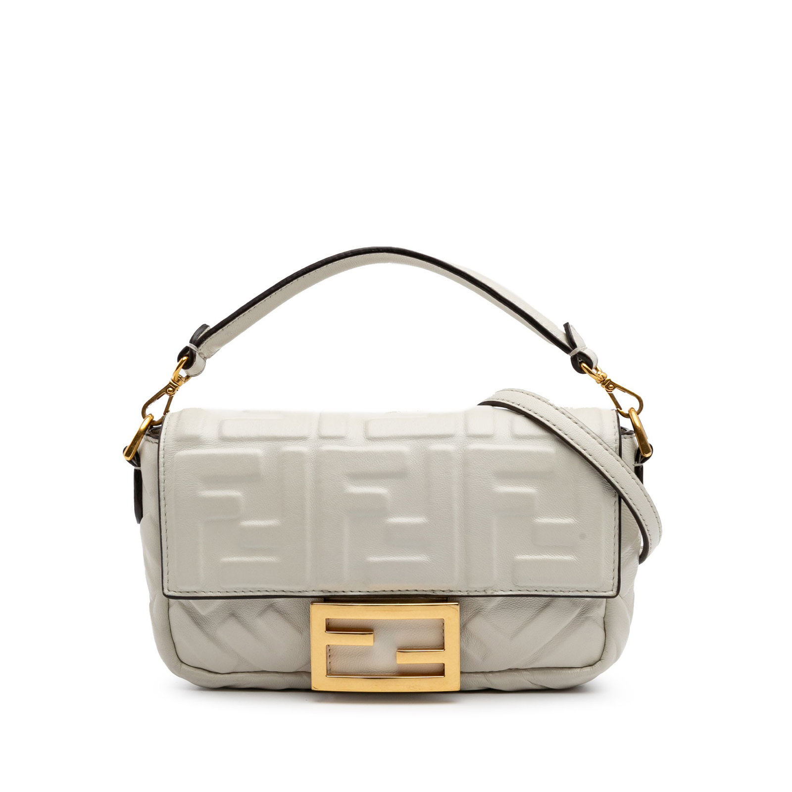 Fendi Mini Zucca Leather Baguette Satchel White Italy: Fendi Mini Zucca Leather Baguette Satchel White Italy Introducing the Fendi Mini Zucca Embossed Leather Baguette Satchel, a stylish accessory that seamlessly blends elegance with functionality. This e