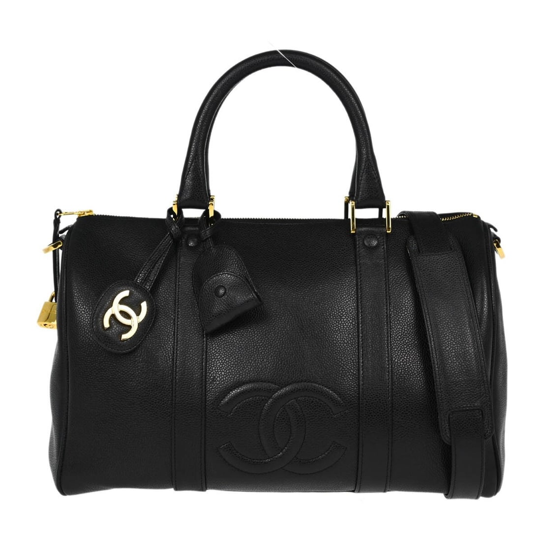 Chanel Caviar Leather Black Duffle Handbag with Gold Hardware: Chanel Caviar Leather Black Duffle Handbag with Gold Hardware This Chanel Black Calfskin 2way Duffle Handbag is a stylish and versatile accessory perfect for casual occasions. Crafted from luxurious c