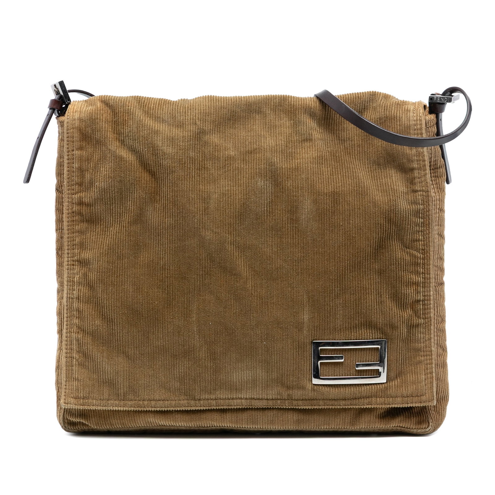 Fendi Brown Corduroy Flap Shoulder Bag with Leather Straps: Fendi Brown Corduroy Flap Shoulder Bag with Leather Straps This Fendi shoulder bag features a corduroy fabric exterior in brown, complemented by flat leather straps. The design includes a front flap w