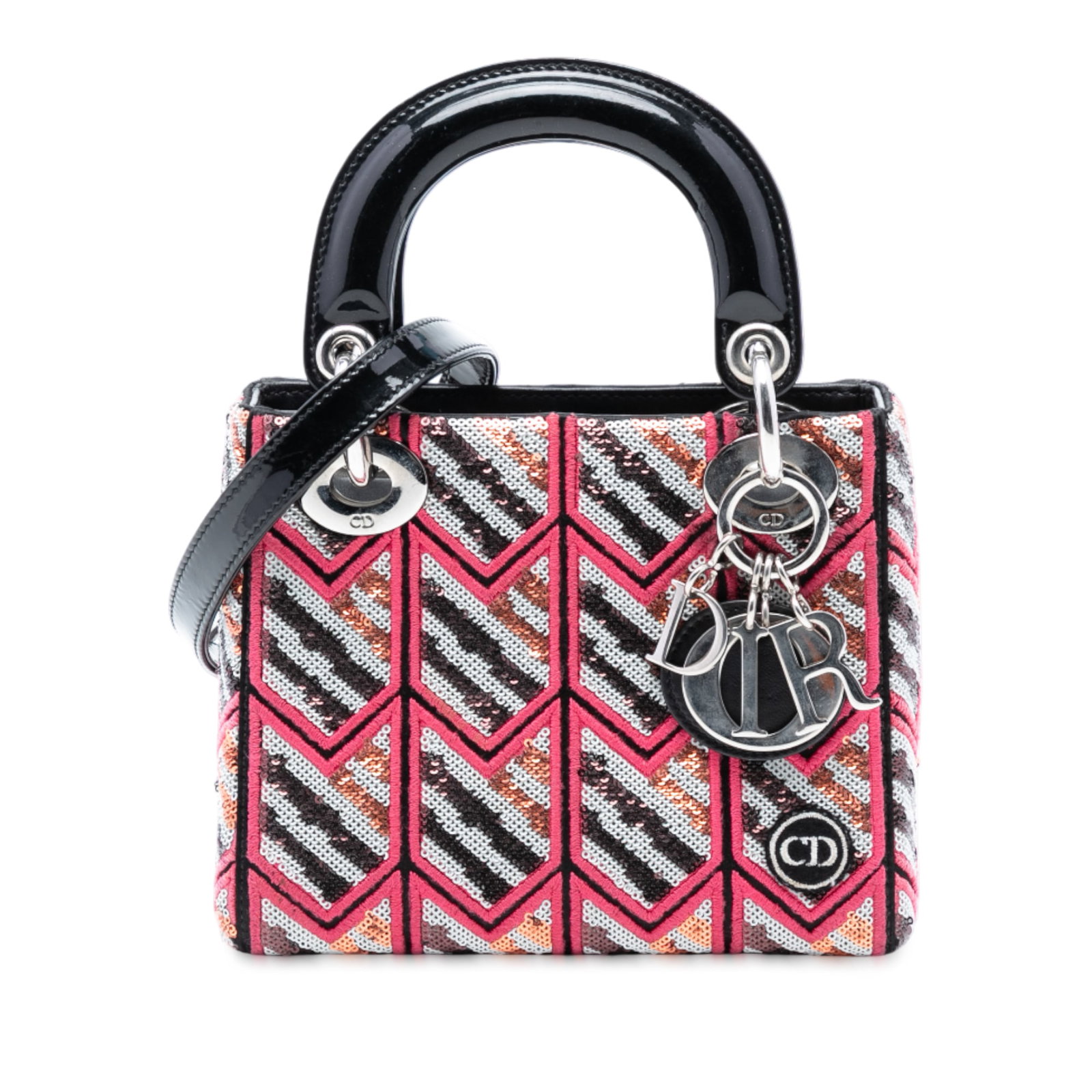 Dior Lady Dior Mini Pink Patent Leather Bag With Sequins: Dior Lady Dior Mini Pink Patent Leather Bag With Sequins This Mini Lady Dior bag features a pink patent leather body adorned with sequin details, flat leather top handles, and a detachable flat leathe