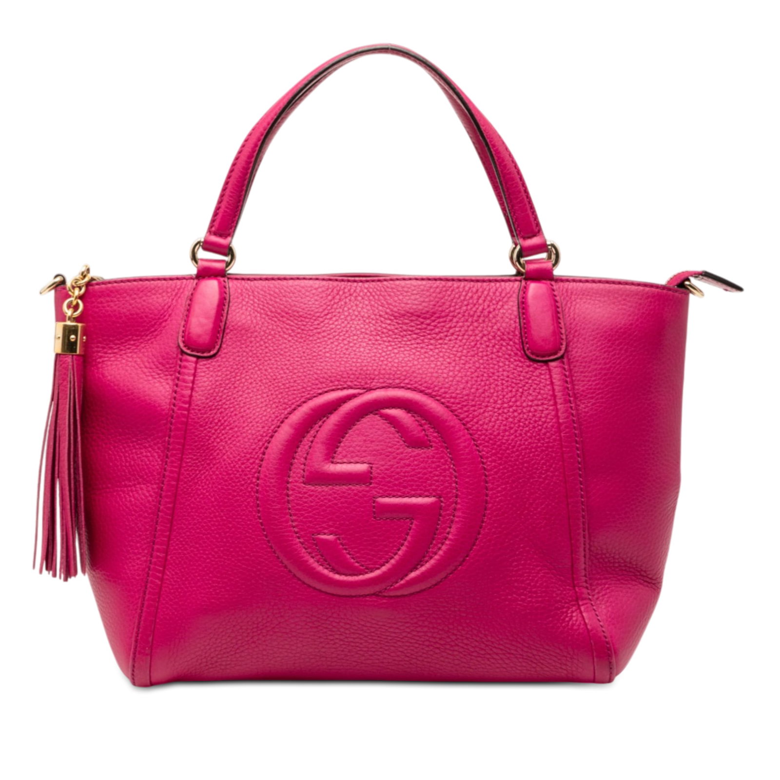 Gucci Soho Cellarius Small Pink Leather Satchel with Tassel Detail: Gucci Soho Cellarius Small Pink Leather Satchel with Tassel Detail This Gucci Small Calfskin Soho Cellarius Satchel features a pink leather exterior, flat leather handles, and a top zip closure adorne