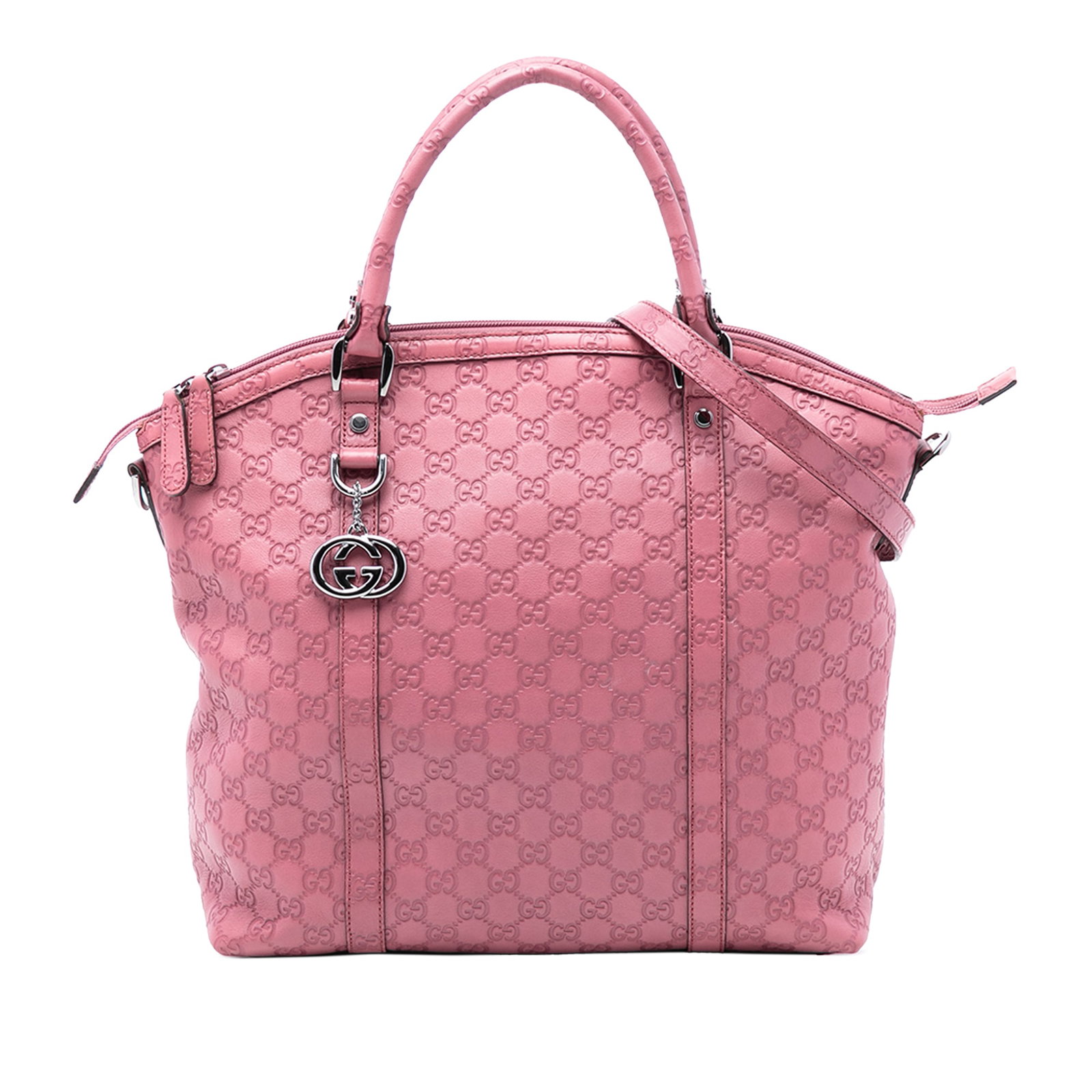 Pink Leather Satchel with Microguccissima Embossing and Charm by Gucci: Pink Leather Satchel with Microguccissima Embossing and Charm by Gucci This Gucci Large Microguccissima Charm Dome Satchel features an embossed leather body in pink, rolled leather handles, a detachab