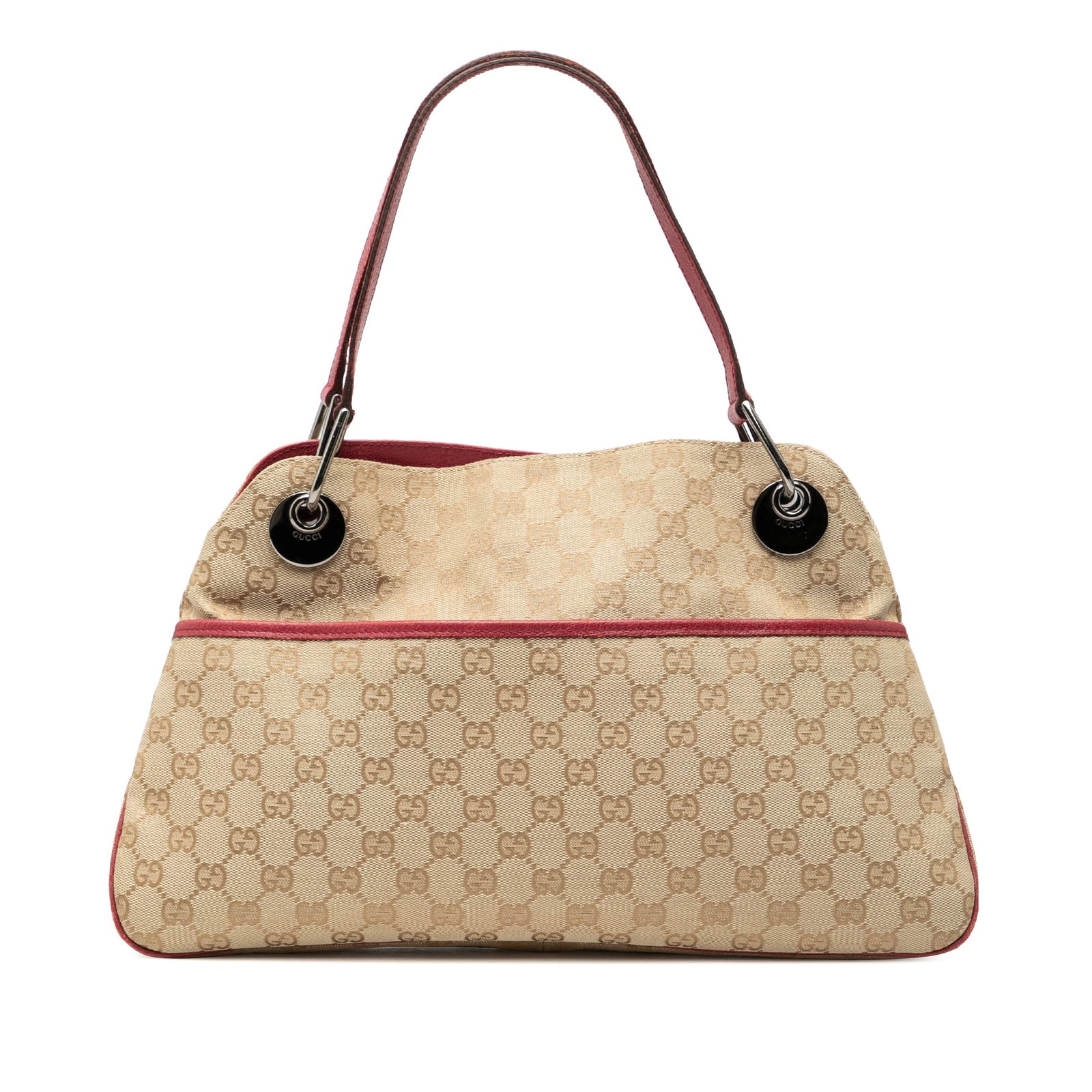 Beige GG Canvas Eclipse Shoulder Purse with Leather Trim by Gucci: Beige GG Canvas Eclipse Shoulder Purse with Leather Trim by Gucci This Gucci GG Canvas Eclipse Shoulder Bag features a beige canvas body with leather trim, flat leather straps, and an open top secured