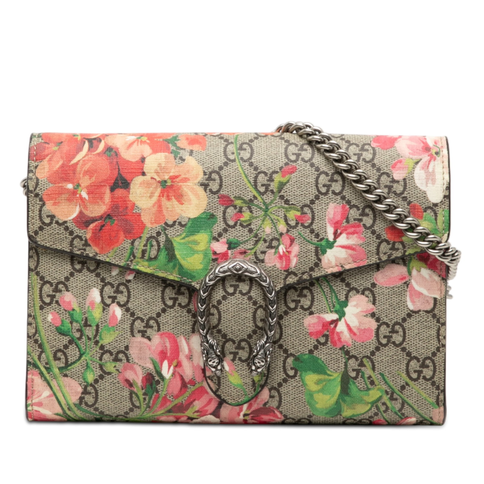 Dionysus Blooms Chain Wallet by Gucci GG Supreme Floral Print: Dionysus Blooms Chain Wallet by Gucci GG Supreme Floral Print This Gucci GG Supreme Blooms Dionysus Wallet on Chain features a floral printed coated canvas exterior with a detachable chain link should
