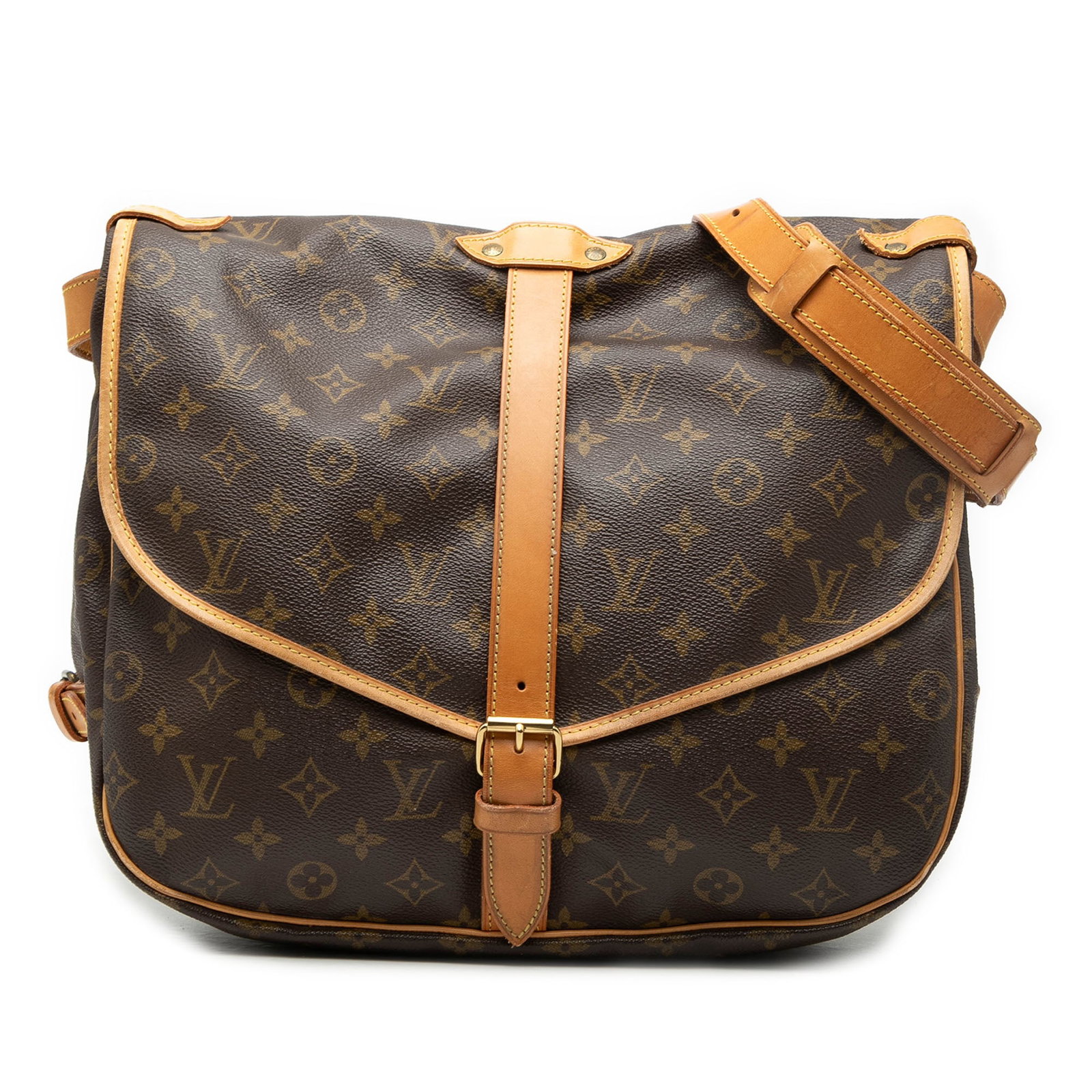 Louis Vuitton Saumur 35 Monogram Canvas Shoulder Bag with Vachetta Leather Trim: Louis Vuitton Saumur 35 Monogram Canvas Shoulder Bag with Vachetta Leather Trim The Louis Vuitton Monogram Saumur 35 is crafted with the iconic monogram canvas and features vachetta leather trim. It c