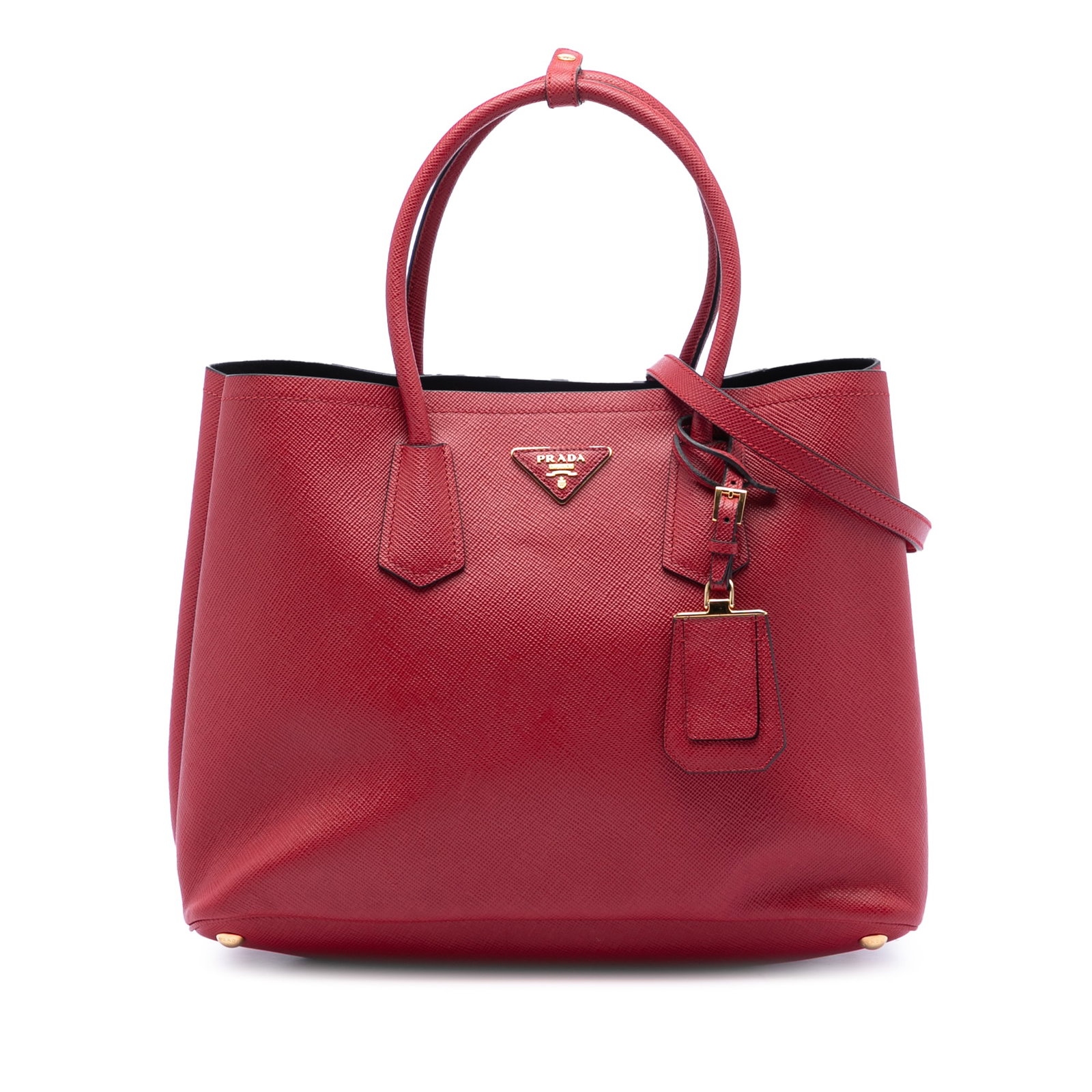 Red Prada Saffiano Cuir Large Leather Satchel with Shoulder Strap: Red Prada Saffiano Cuir Large Leather Satchel with Shoulder Strap This Prada Large Saffiano Cuir Double Satchel showcases a saffiano leather exterior in red with rolled leather handles and a detachabl