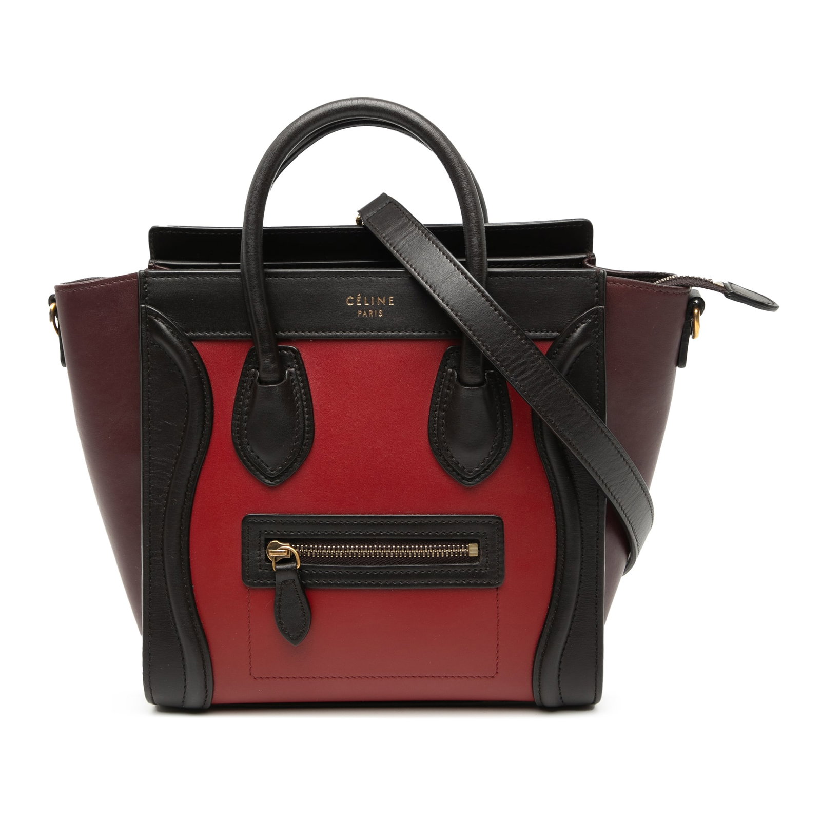 Celine Nano Luggage Tote in Tricolor Leather with Shoulder Strap: Celine Nano Luggage Tote in Tricolor Leather with Shoulder Strap This Celine Nano Tricolor Luggage Tote features a distinctive tricolor leather exterior with rolled leather handles and a detachable fl