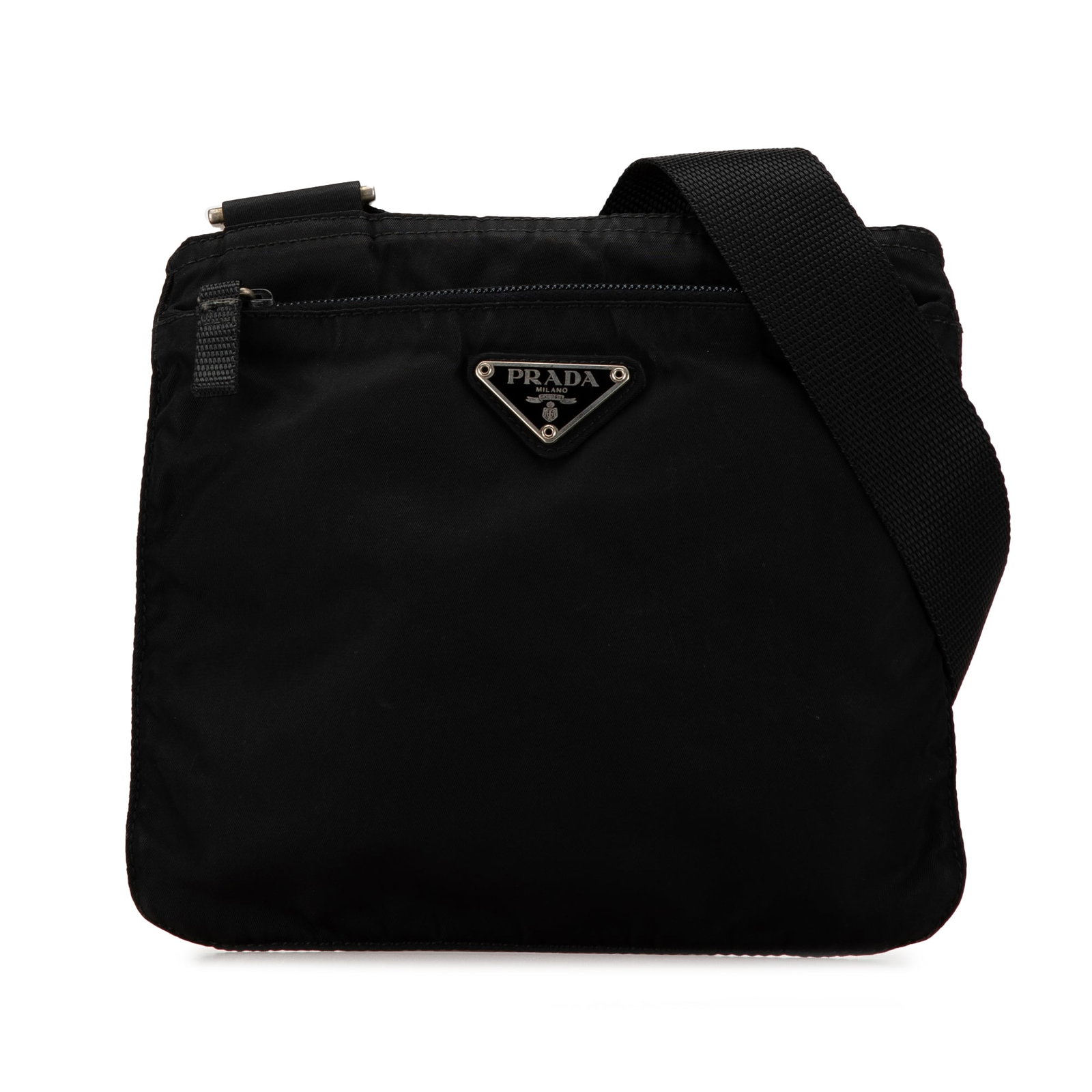 Prada Tessuto Black Nylon Crossbody Bag with Adjustable Strap: Prada Tessuto Black Nylon Crossbody Bag with Adjustable Strap This Prada Tessuto Zip Top Crossbody features a durable black nylon body with an exterior zip pocket, an adjustable flat strap, a top zip 
