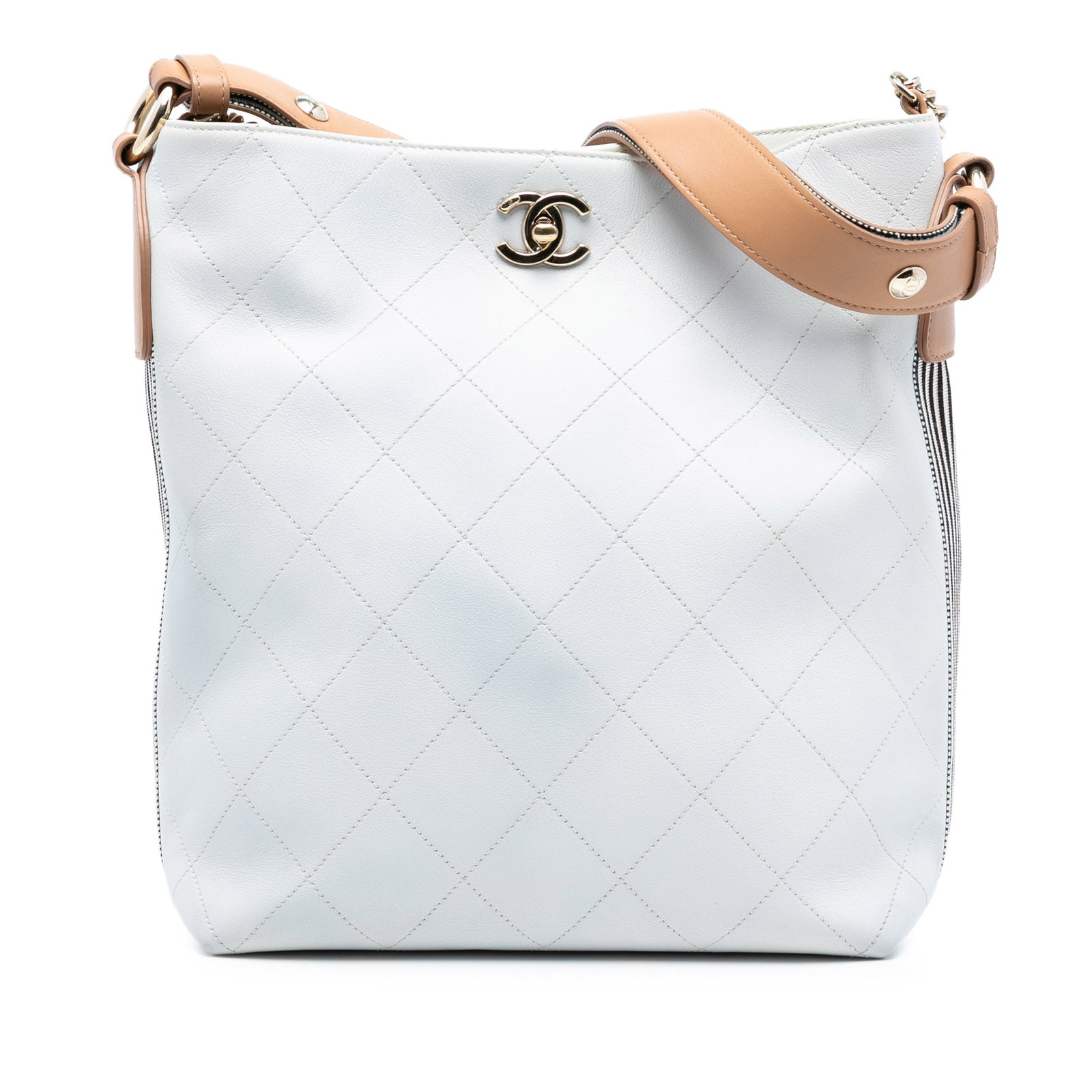Chanel Button Up White Calfskin Hobo Bag with Gold Chain Strap: Chanel Button Up White Calfskin Hobo Bag with Gold Chain Strap This Chanel Large Stitched Calfskin Button Up Hobo features a stitched white leather body with a gold-tone chain link strap and a flat fa