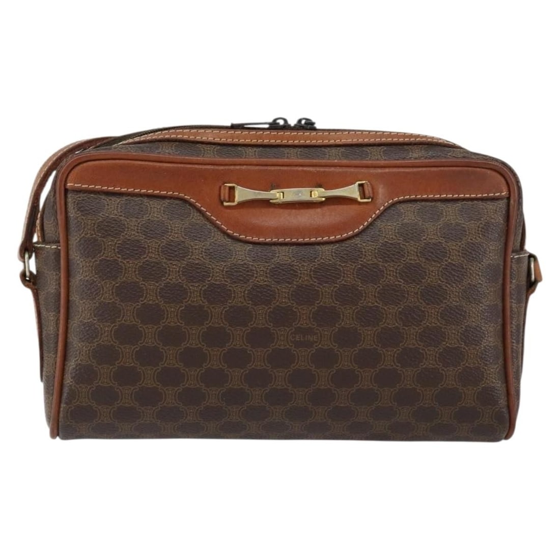 Vintage Macadam Canvas and Leather Shoulder Bag by Celine: Vintage Macadam Canvas and Leather Shoulder Bag by Celine This vintage Celine Macadam shoulder bag for women features a brown canvas body with leather accents. It measures 22cm x 12cm x 5cm and was ma