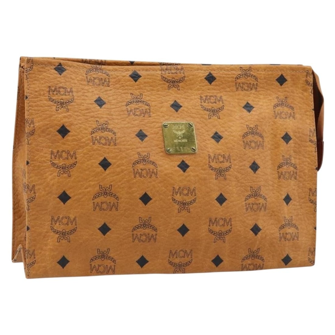 MCM Brown Gold PVC Leather Vicetos Logogram Women's Clutch Bag: MCM Brown Gold PVC Leather Vicetos Logogram Women's Clutch Bag This MCM Logogram Vicetos clutch bag features a classic brown and gold design crafted from PVC leather. The bag is designed for women and