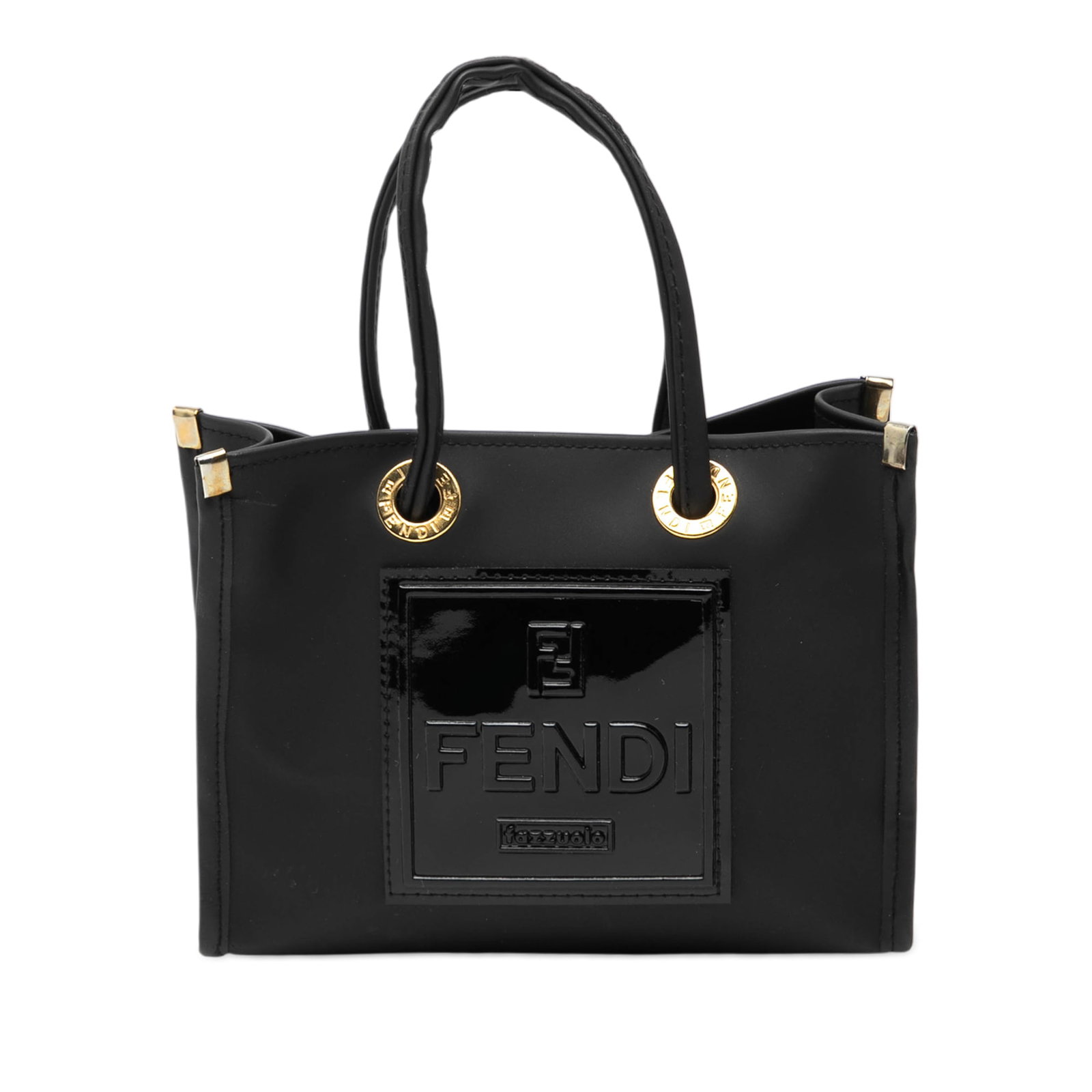 Fendi Mini FF Logo Black Rubber Shopper Tote Bag: Fendi Mini FF Logo Black Rubber Shopper Tote Bag This Fendi Mini Rubber FF Logo Shopper Tote features a durable rubber body in black, rolled handles, and an open top design. The bag displays the signa