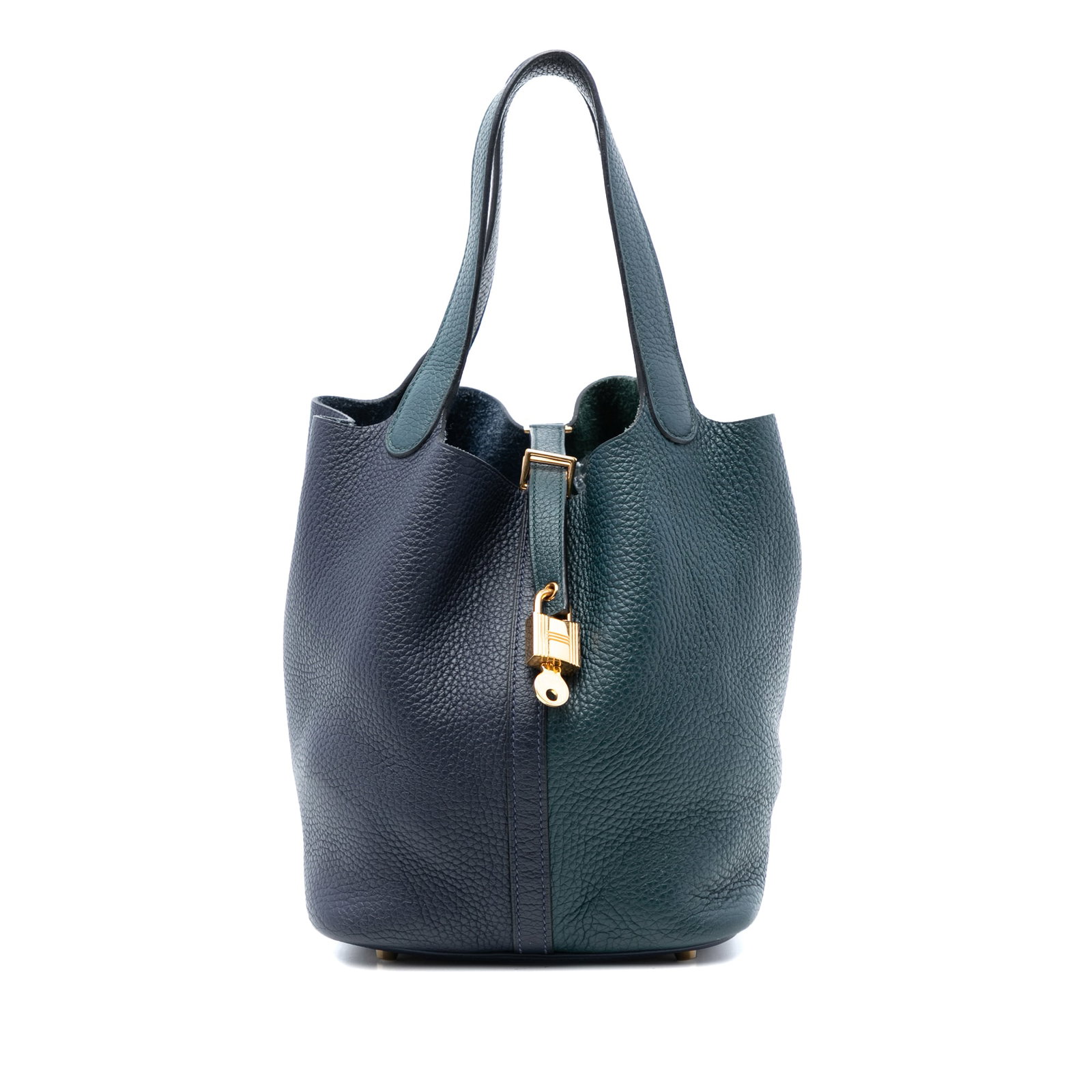 Hermes Picotin Lock 22 Bicolor Clemence Leather Handbag Bleu Nuit Vert Cypress: Hermes Picotin Lock 22 Bicolor Clemence Leather Handbag Bleu Nuit Vert Cypress The Hermes Bicolor Clemence Picotin Lock 22 bag showcases a Clemence leather body in Bleu Nuit and Vert Cypress colors. I