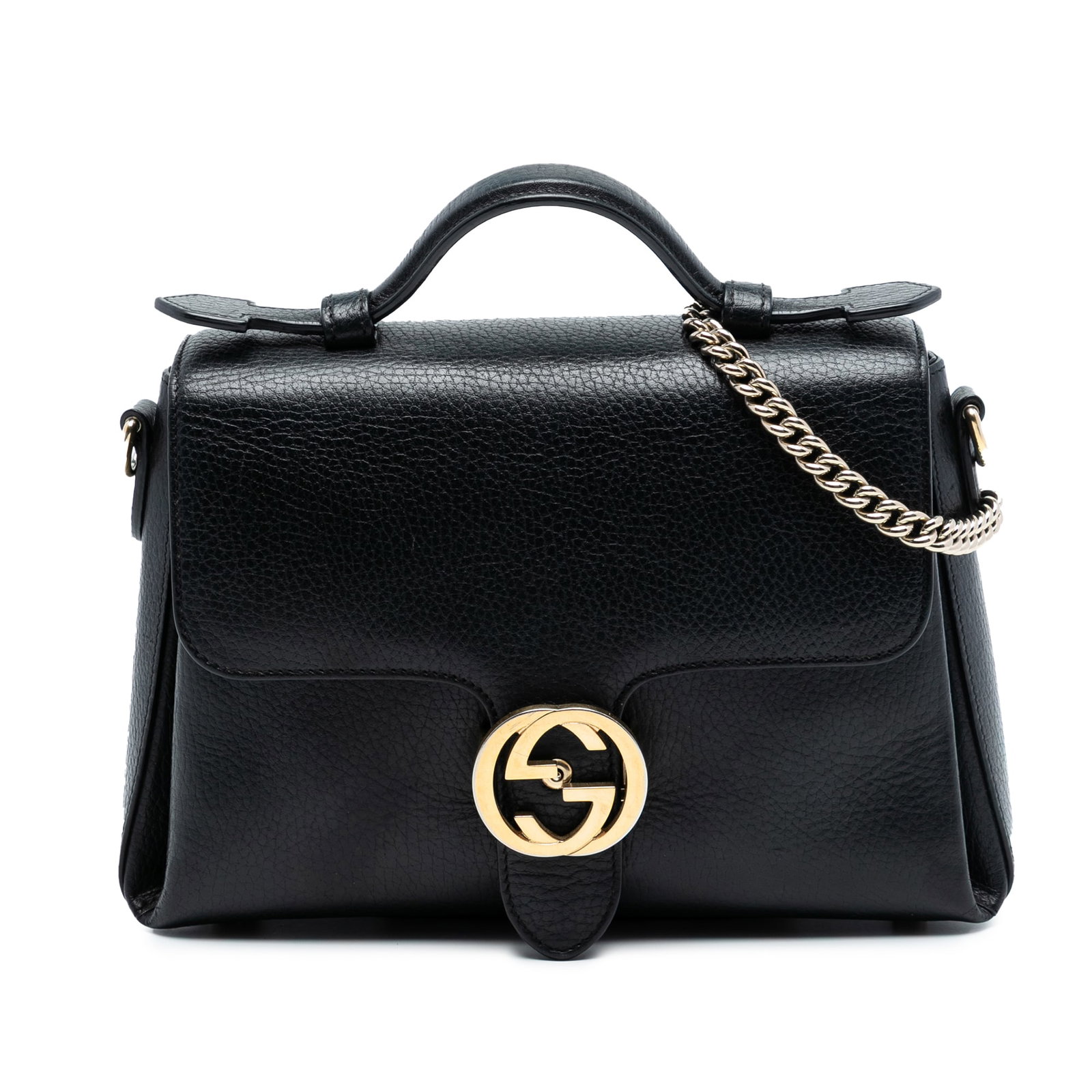 Gucci Small Leather Satchel with Interlocking GG Closure Black: Gucci Small Leather Satchel with Interlocking GG Closure Black This Gucci Small Dollar Calf Interlocking G Satchel is crafted from black leather and features a flat leather top handle, a detachable ch