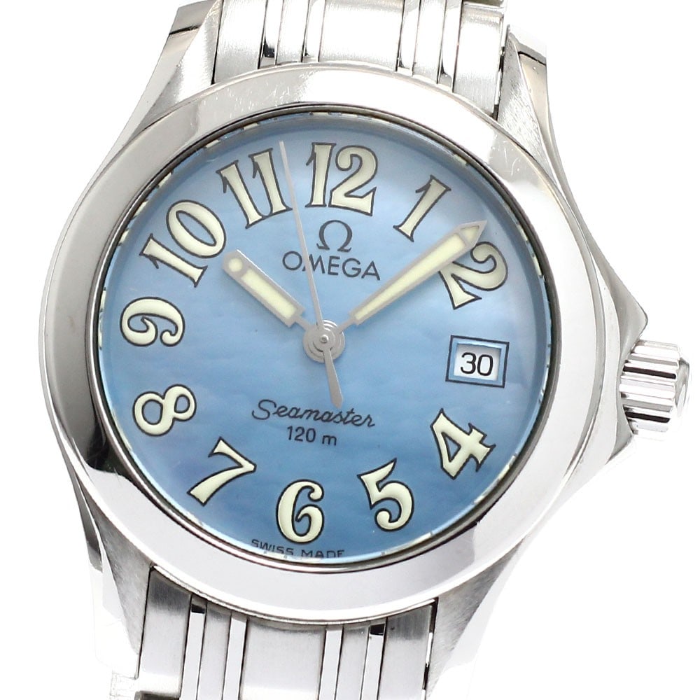 Omega Seamaster 120 Blue Shell Quartz Ladies Date Watch 2581.88: Omega Seamaster 120 Blue Shell Quartz Ladies Date Watch 2581.88 This pre-owned OMEGA Seamaster 120 Date Quartz ladies wristwatch features a stainless steel case and bracelet, complemented by a blue sh