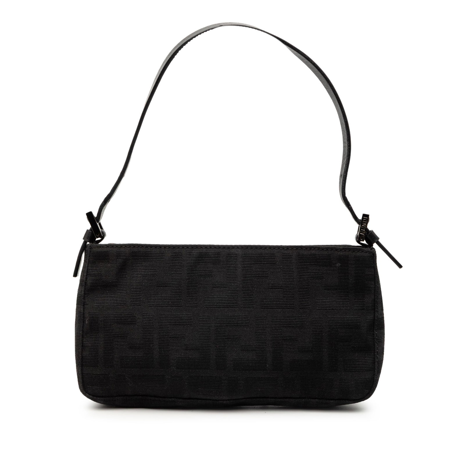 Fendi Zucca Black Canvas Shoulder Bag with Leather Strap: Fendi Zucca Black Canvas Shoulder Bag with Leather Strap This Fendi Zucca Canvas Pochette is a shoulder bag crafted with a canvas body and a flat leather strap, featuring a top zip closure. The bag is
