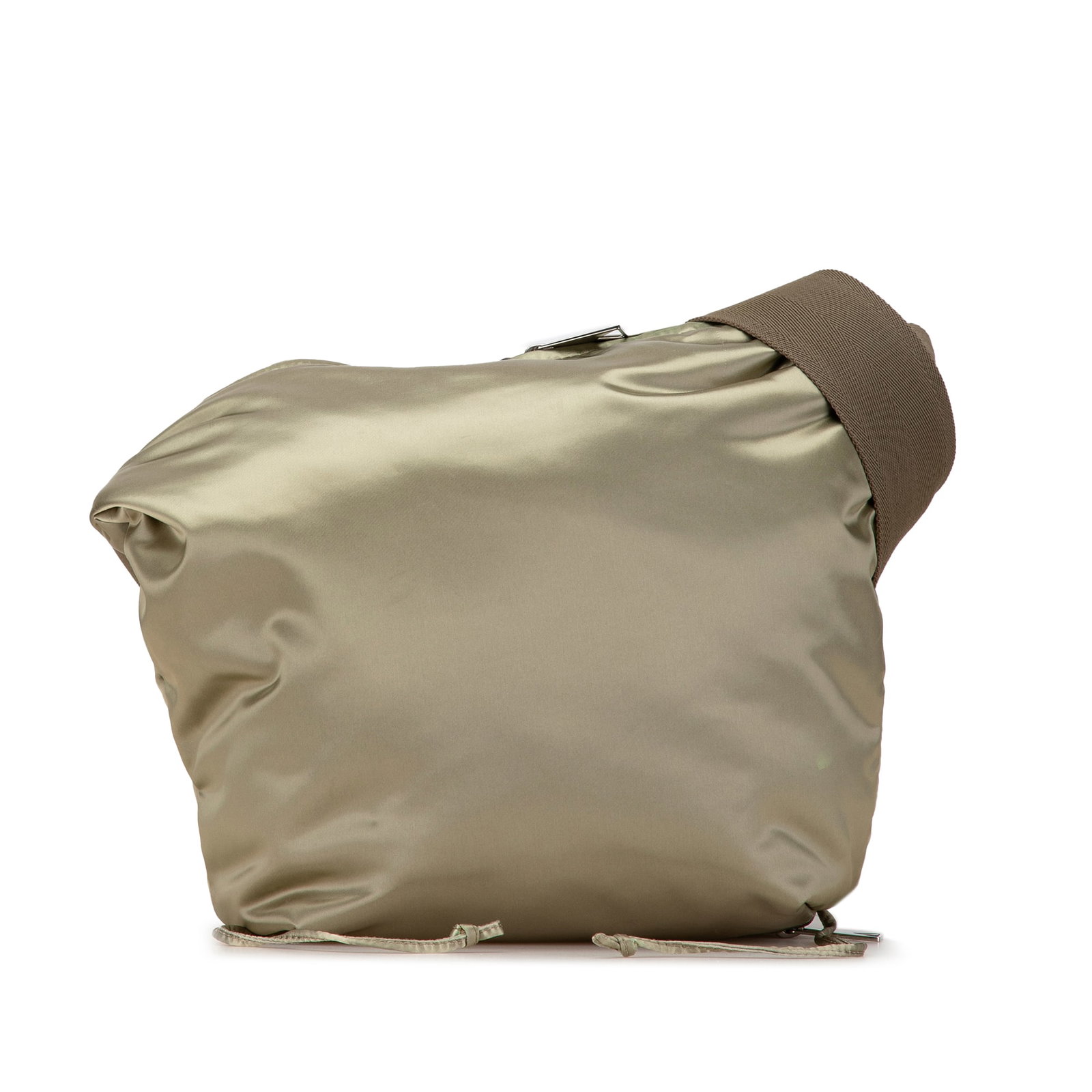 Bottega Veneta Brown Satin Crossbody Bag with Zip Compartment: Bottega Veneta Brown Satin Crossbody Bag with Zip Compartment This Bottega Veneta Satin Crossbody bag exemplifies elegance with its satin fabric construction. Designed with practicality in mind, it fe