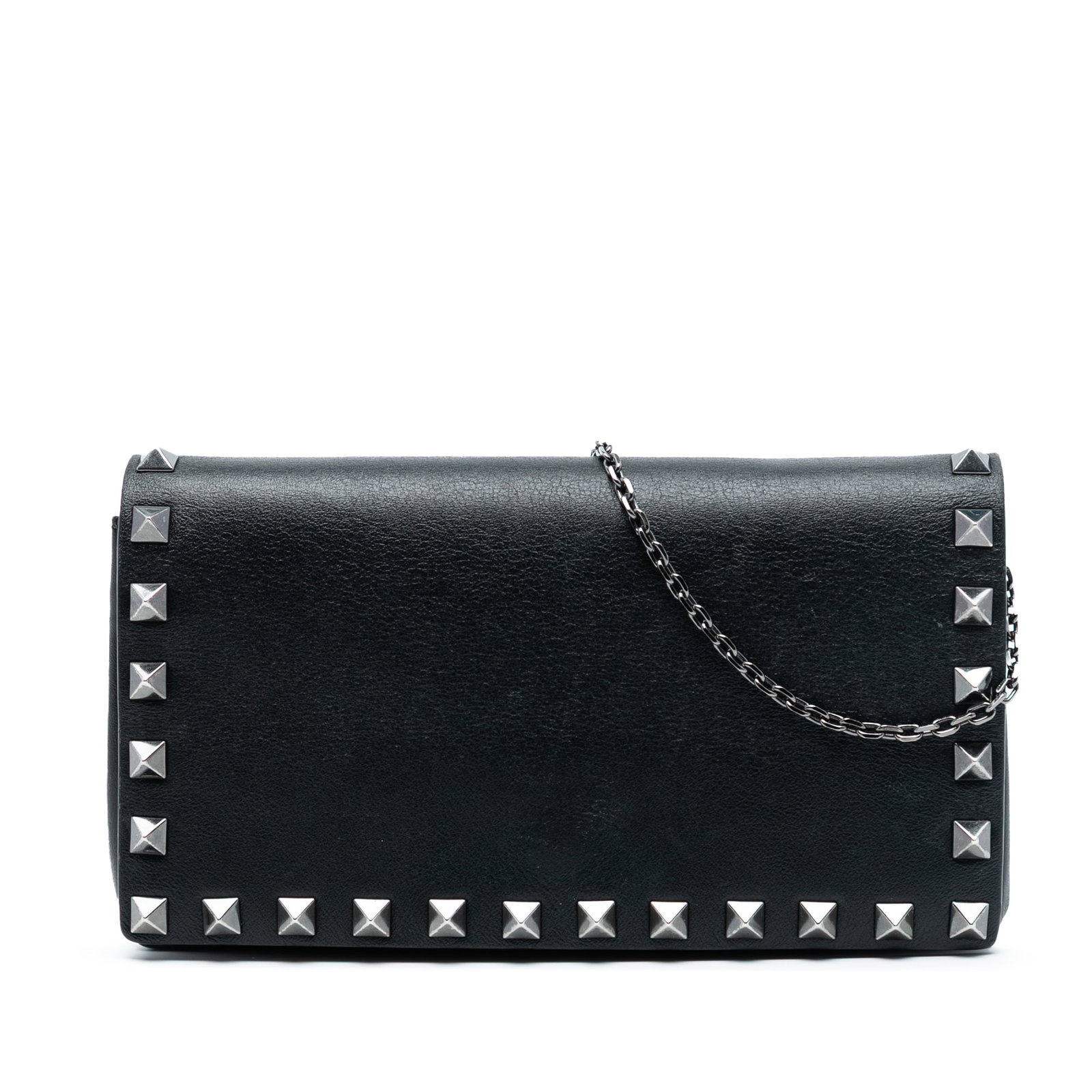 Black Leather Crossbody Bag with Rockstuds by Valentino: Black Leather Crossbody Bag with Rockstuds by Valentino This Valentino Rockstud crossbody bag features a black leather body adorned with signature rockstud embellishments. It includes a chain link sho
