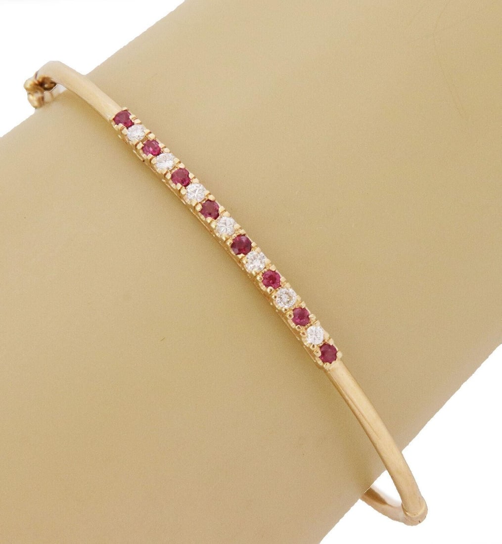 14k Yellow Gold Ruby Diamond Hinged Bangle Bracelet - 2