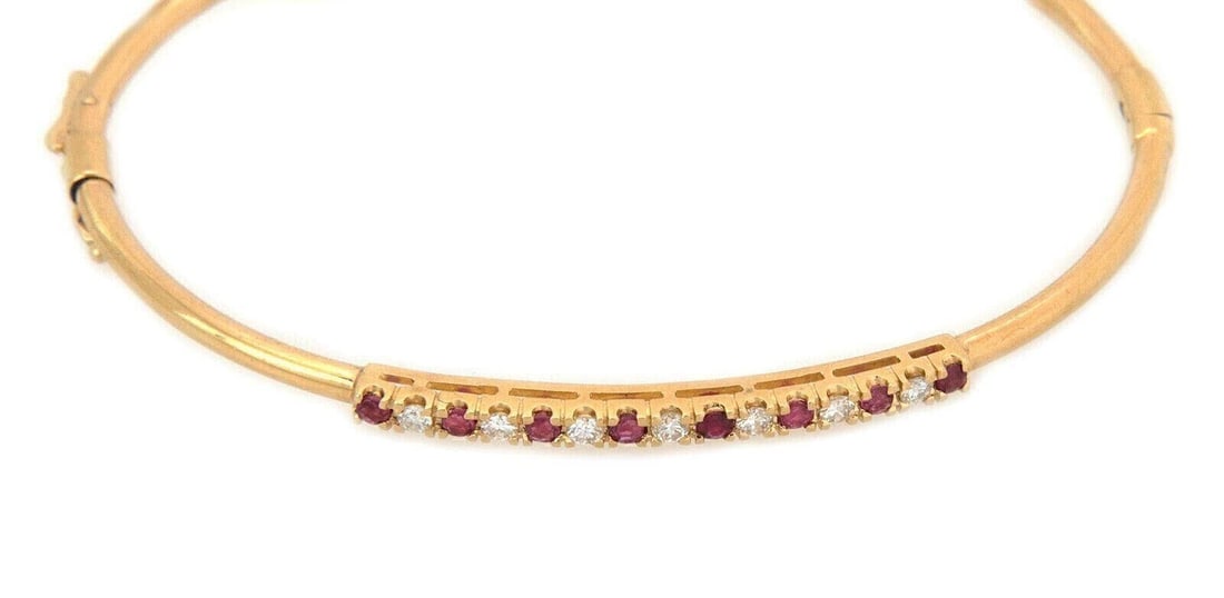 14k Yellow Gold Ruby Diamond Hinged Bangle Bracelet - 4