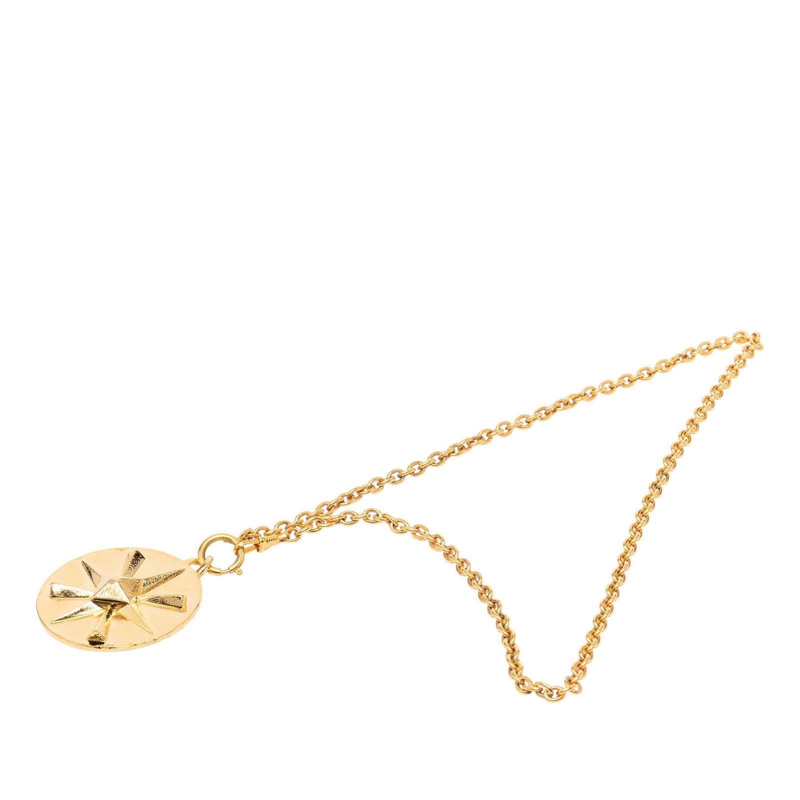 Chanel Star-Shaped CC Pendant Gold Tone Metal Necklace: Chanel Star-Shaped CC Pendant Gold Tone Metal Necklace This Chanel CC pendant necklace features a gold tone metal construction with a round star pendant and a spring ring closure. The piece is categor