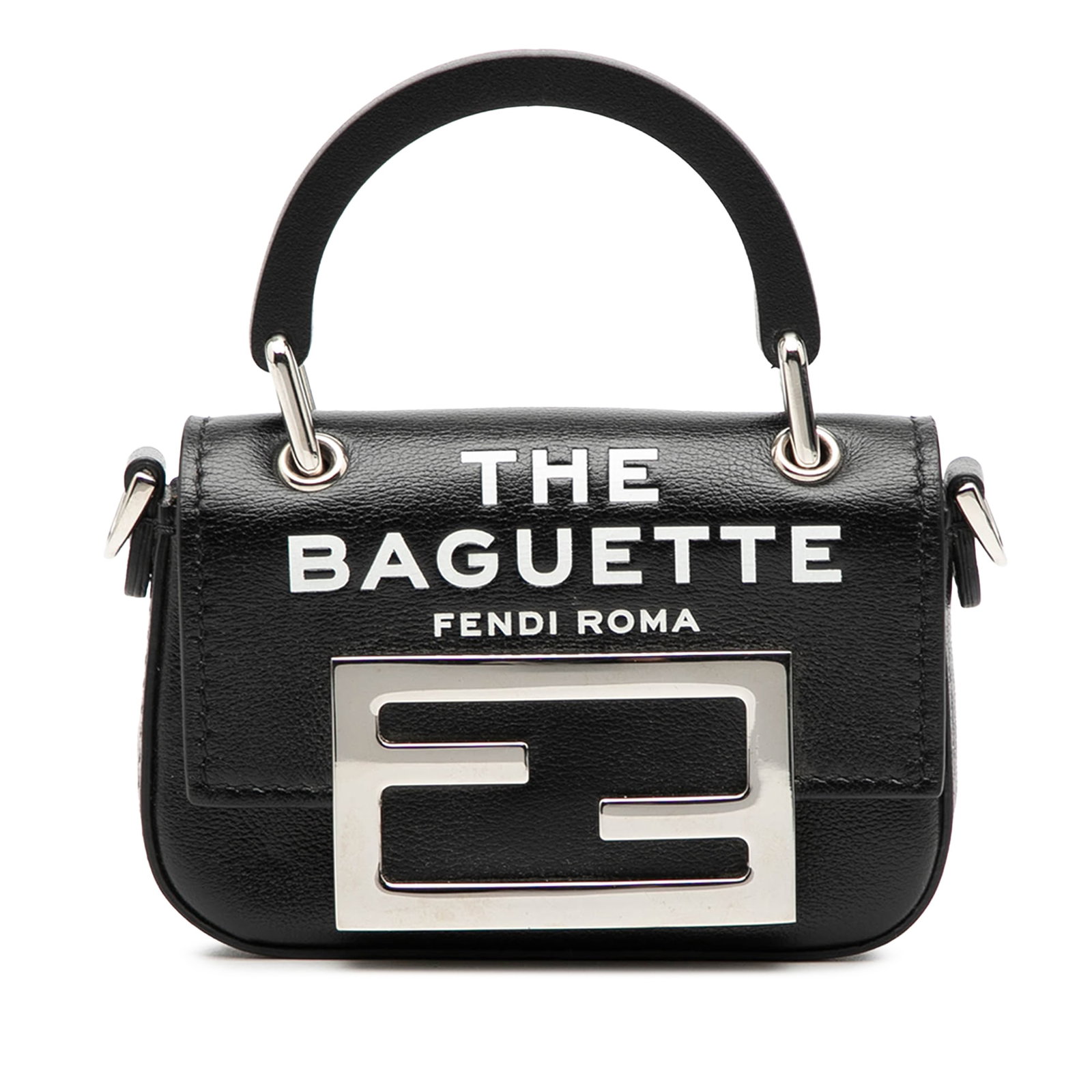 Fendi Nano Baguette Black Leather Bag with Maxi Handle and Strap: Fendi Nano Baguette Black Leather Bag with Maxi Handle and Strap This Fendi Nano Leather Maxi Handle Baguette features a sleek black leather body, a top handle, and a detachable flat leather shoulder 