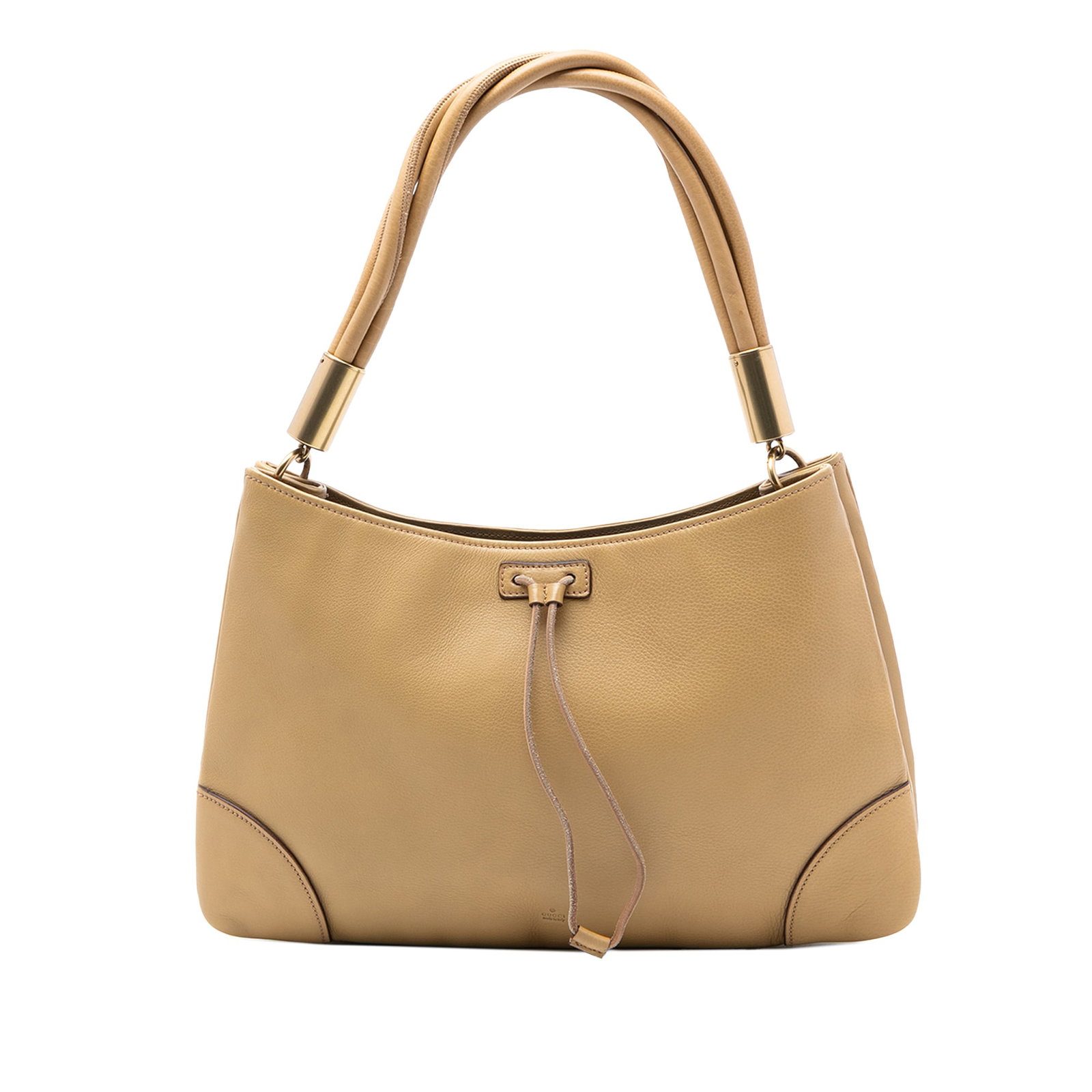 Gucci Beige Leather Shoulder Bag with Drawstring and Rolled Handles: Gucci Beige Leather Shoulder Bag with Drawstring and Rolled Handles This Gucci shoulder bag is crafted from beige leather and features a drawstring closure with a triple strand rolled leather handle. 