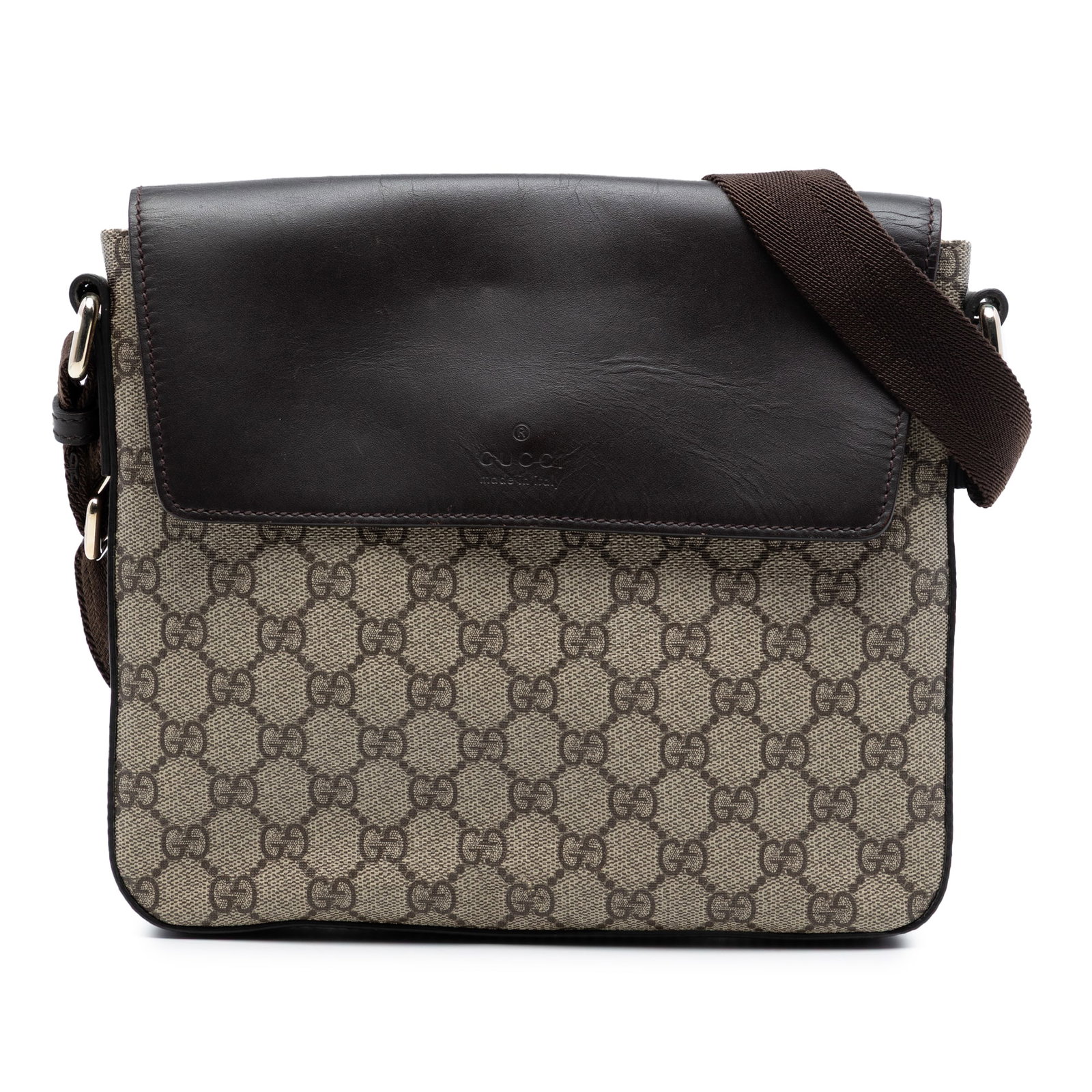 GG Supreme beige messenger bag with leather trim by Gucci: GG Supreme beige messenger bag with leather trim by Gucci This Gucci GG Supreme Messenger Bag showcases a beige coated canvas body with leather trim. The bag features an adjustable flat strap, a front