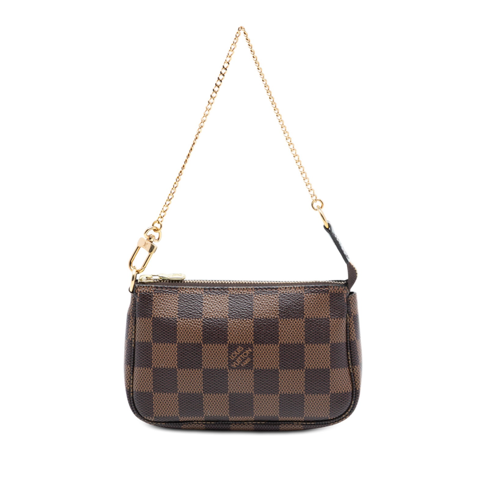 Louis Vuitton Mini Damier Ebene Canvas Pouch with Gold Chain: Louis Vuitton Mini Damier Ebene Canvas Pouch with Gold Chain This Louis Vuitton Mini Pochette Accessoires features the signature Damier Ebene canvas in brown with a gold-tone chain link strap and a to