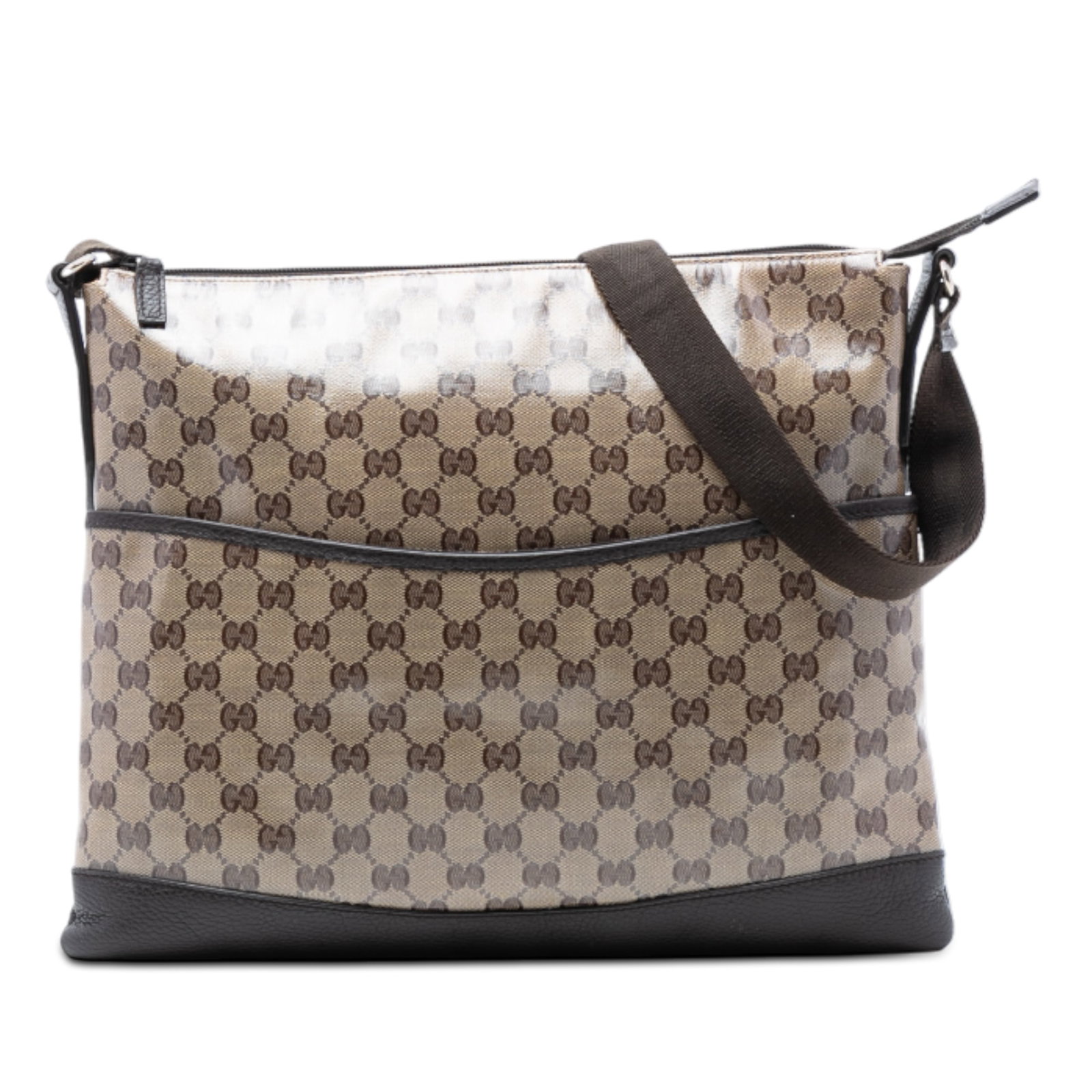 Gucci GG Crystal Beige Coated Canvas Crossbody Bag with Leather Trim: Gucci GG Crystal Beige Coated Canvas Crossbody Bag with Leather Trim This Gucci GG Crystal Crossbody bag features a coated canvas body with leather trim, a flat shoulder strap, an open top with magnet