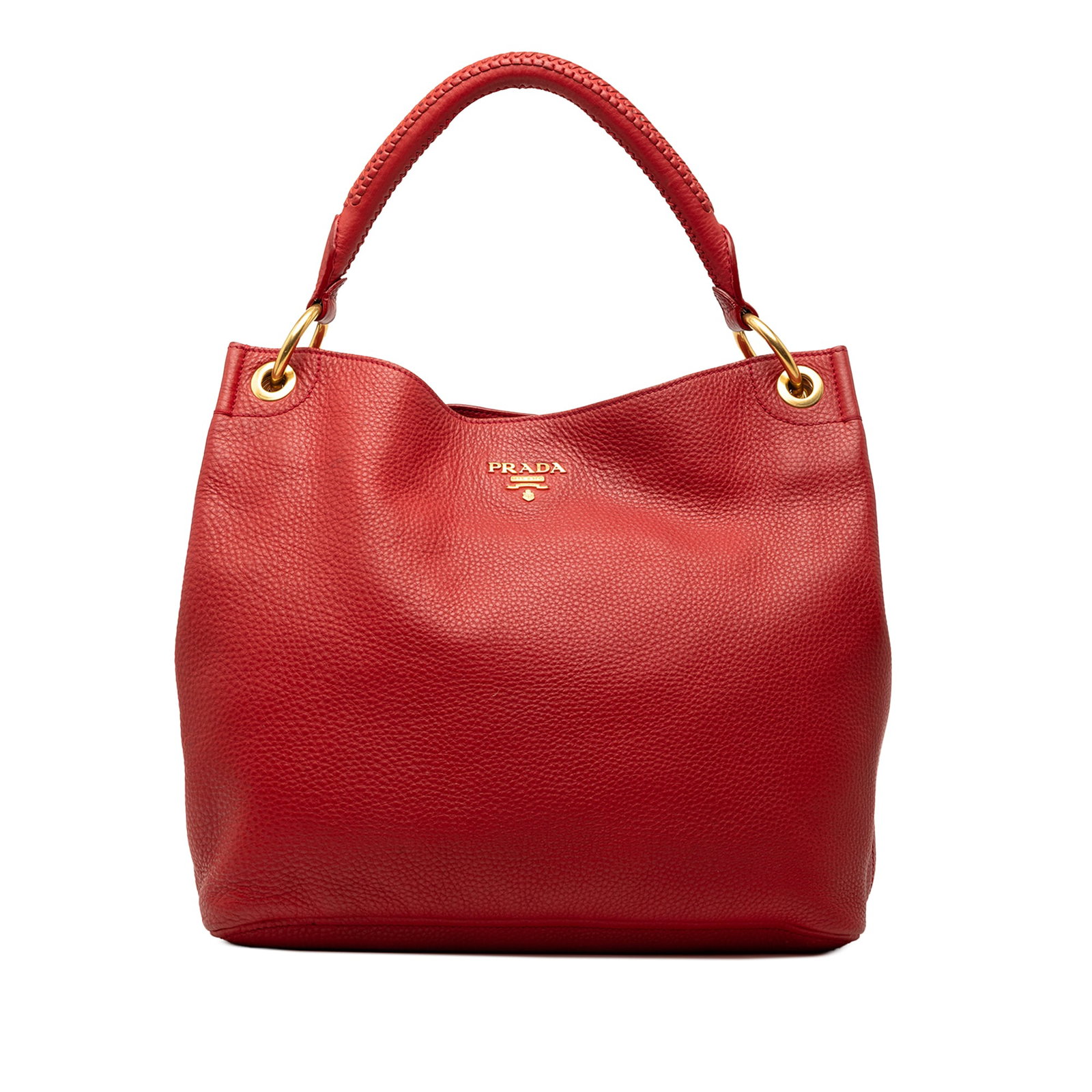 Prada Vitello Daino Red Leather Hobo Shoulder Bag Italy: Prada Vitello Daino Red Leather Hobo Shoulder Bag Italy This Prada Vitello Daino Hobo Bag features a red leather body with a rolled leather strap, an open top secured with a magnetic closure, and an i