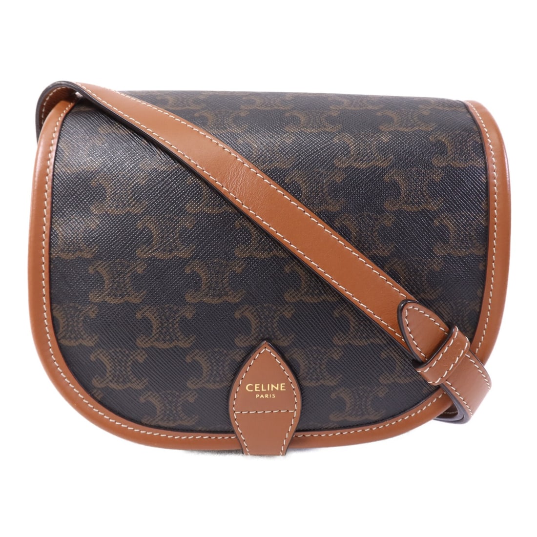 Celine Folco Brown Coated Canvas Shoulder Bag with Gold Hardware: Celine Folco Brown Coated Canvas Shoulder Bag with Gold Hardware This CELINE Folco shoulder bag features a brown PVC coated canvas exterior and gold-tone hardware. Designed for women, the bag offers a
