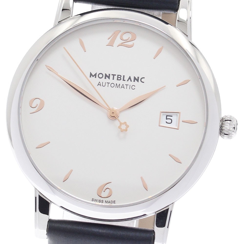 Montblanc Star automatic date wristwatch 39mm: Montblanc Star automatic date wristwatch 39mm This pre-owned Montblanc Star Date men's wristwatch features a stainless steel case paired with a leather strap and a white dial. The watch operates with 