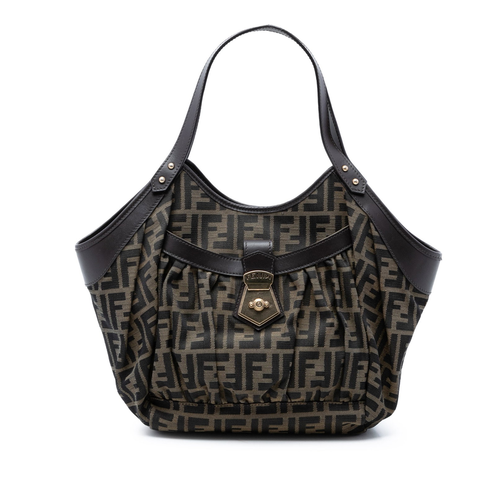 Fendi Chef Tote Bag Zucca Canvas with Leather Trim Brown: Fendi Chef Tote Bag Zucca Canvas with Leather Trim Brown The Fendi Zucca Canvas Chef Tote features a canvas body with leather trim, flat leather straps, an open top with magnetic snap closure, an exte