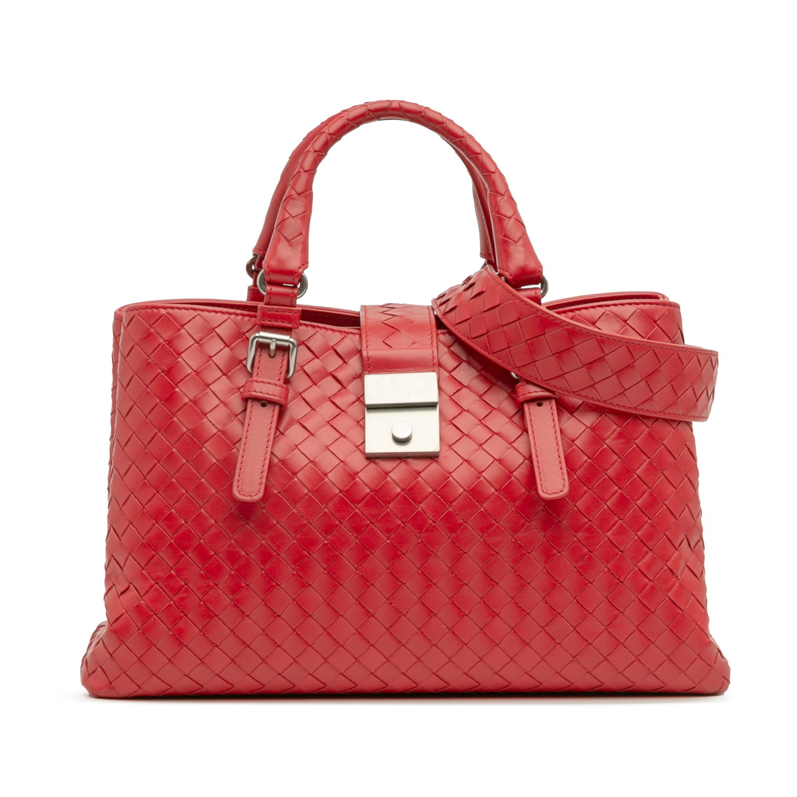 Bottega Veneta Small Nappa Intrecciato Roma Satchel Red Leather: Bottega Veneta Small Nappa Intrecciato Roma Satchel Red Leather This Small Roma Satchel by Bottega Veneta showcases exquisite craftsmanship with its woven nappa leather body, providing a luxurious tou