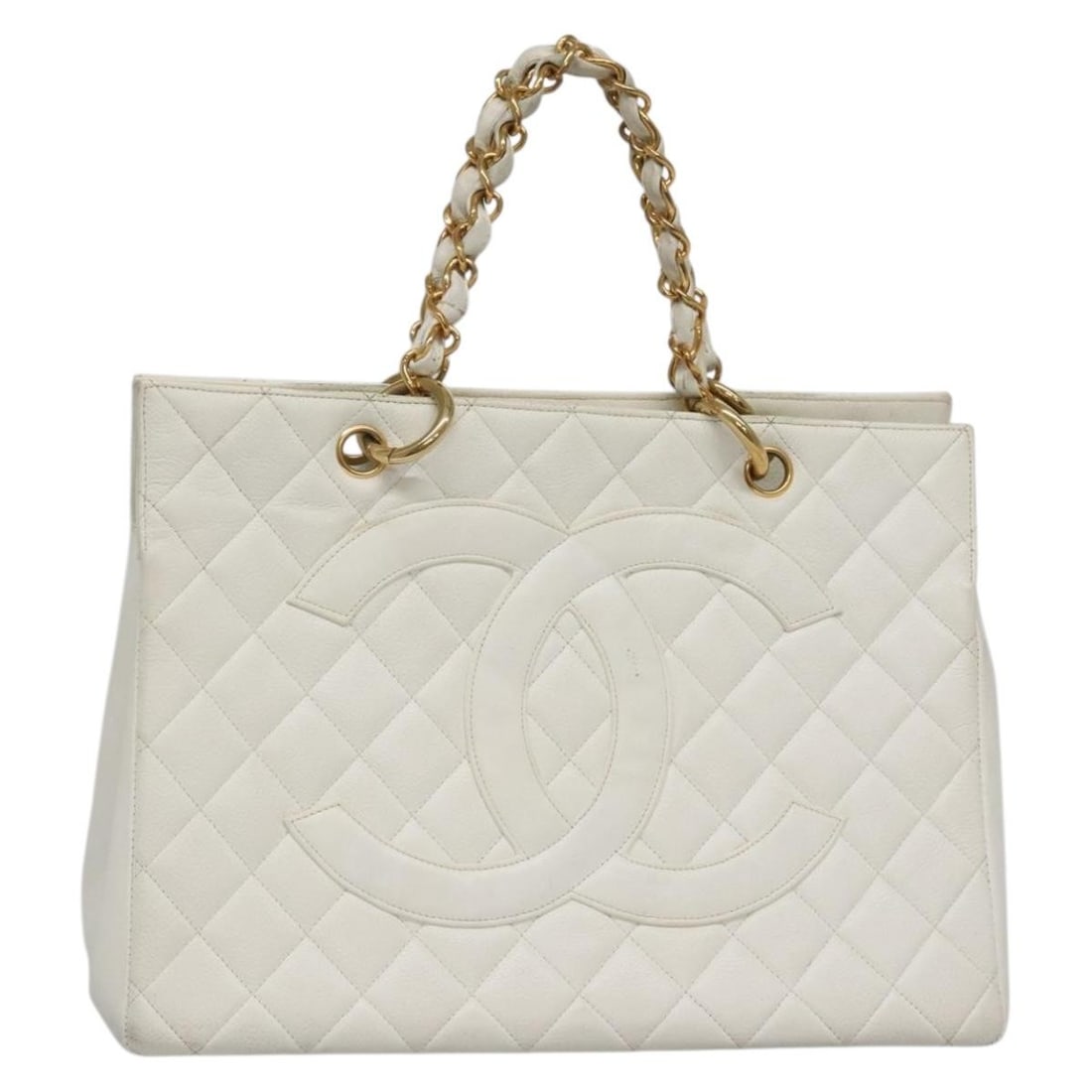 White Leather Chanel Grand Shopping Tote Vintage Quilted Handbag: White Leather Chanel Grand Shopping Tote Vintage Quilted Handbag This Chanel Vintage Grand Shopping Tote features a white quilted leather exterior and is designed for women. The tote is crafted from l