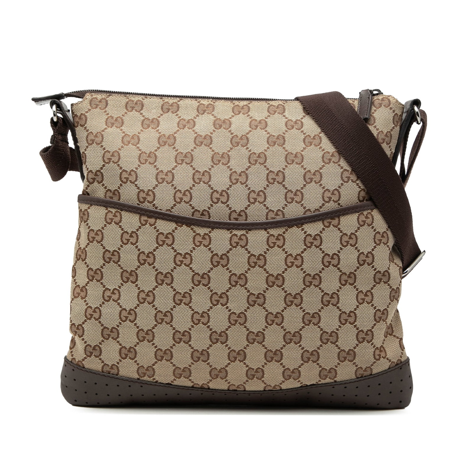 Gucci GG Canvas Beige Crossbody Bag with Perforated Leather Trim: Gucci GG Canvas Beige Crossbody Bag with Perforated Leather Trim This Gucci GG Canvas Crossbody bag features a beige canvas body with perforated leather trim, an adjustable flat strap, an open top, an