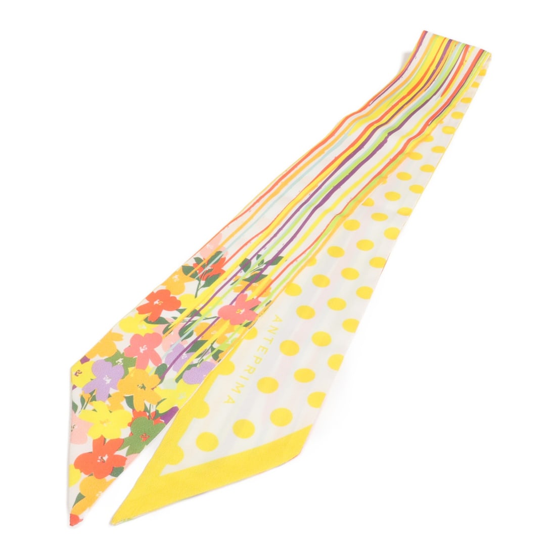 Silk multicolor scarf from ANTEPRIMA in yellow: Silk multicolor scarf from ANTEPRIMA in yellow This ANTEPRIMA scarf features a vibrant yellow and multicolor design, crafted from luxurious silk. It offers a very good condition and is an elegant acce