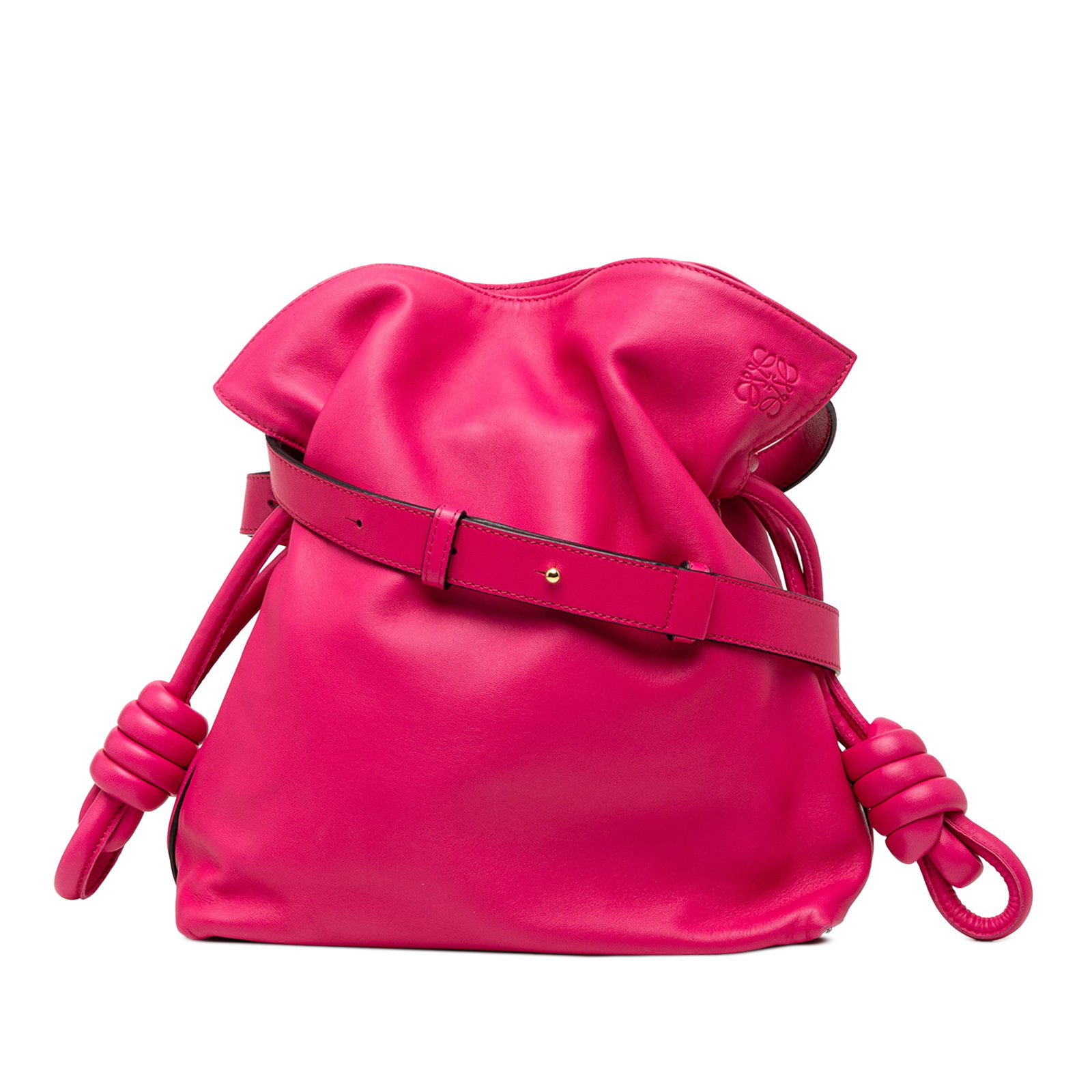 Loewe Flamenco Knot Pink Leather Crossbody Bag with Tassel Detail: Loewe Flamenco Knot Pink Leather Crossbody Bag with Tassel Detail This LOEWE Flamenco Knot Tassel 22 crossbody bag features a pink leather body with an adjustable flat leather strap, magnetic button c