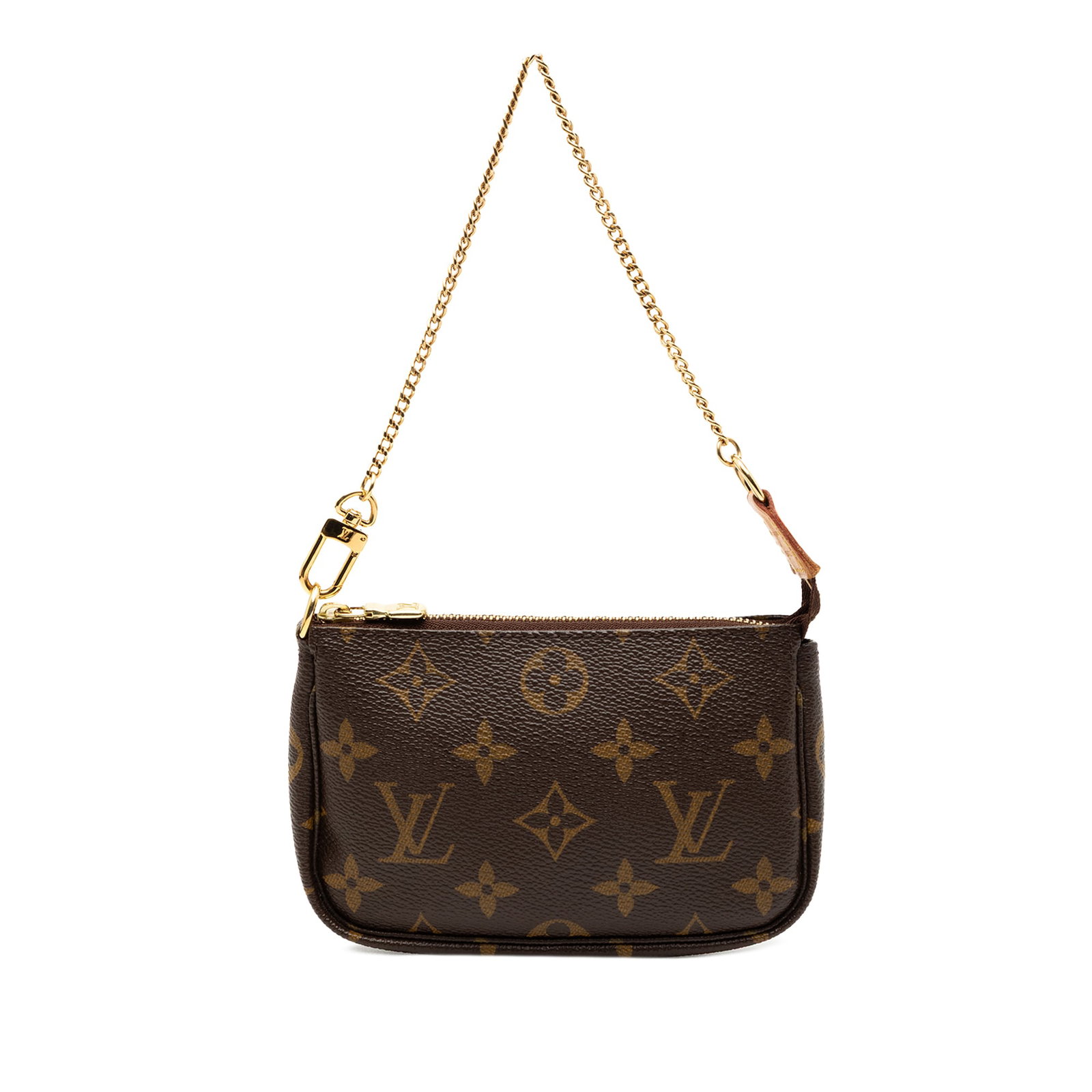 Louis Vuitton Mini Monogram Pochette Bag with Chain Strap: Louis Vuitton Mini Monogram Pochette Bag with Chain Strap This Louis Vuitton Mini Pochette Accessoires features the iconic monogram canvas body with a gold-tone chain strap and a top zip closure. The 