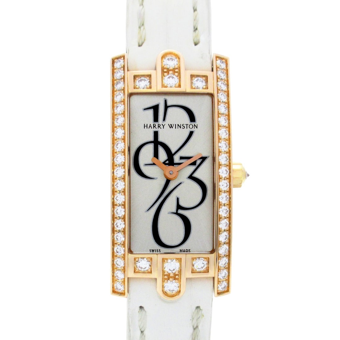 Harry Winston Avenue C Mini Quartz Pink Gold Leather Watch: Harry Winston Avenue C Mini Quartz Pink Gold Leather Watch This Harry Winston Avenue C Mini Women's Watch (model 332/LQRL.W/D3.1) features an elegant 18K pink gold case paired with a leather strap. It