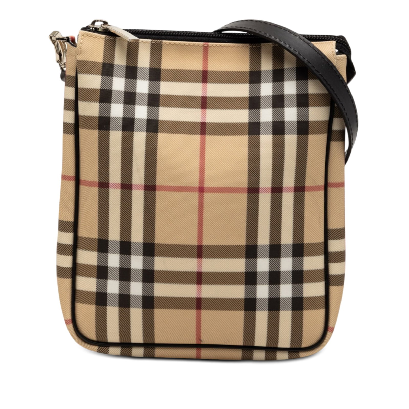 Burberry Beige Canvas Crossbody Bag with Leather Strap and Zip Pocket: Burberry Beige Canvas Crossbody Bag with Leather Strap and Zip Pocket This Burberry House Check Canvas Crossbody bag features a canvas body with the iconic House Check pattern, a flat leather strap, a