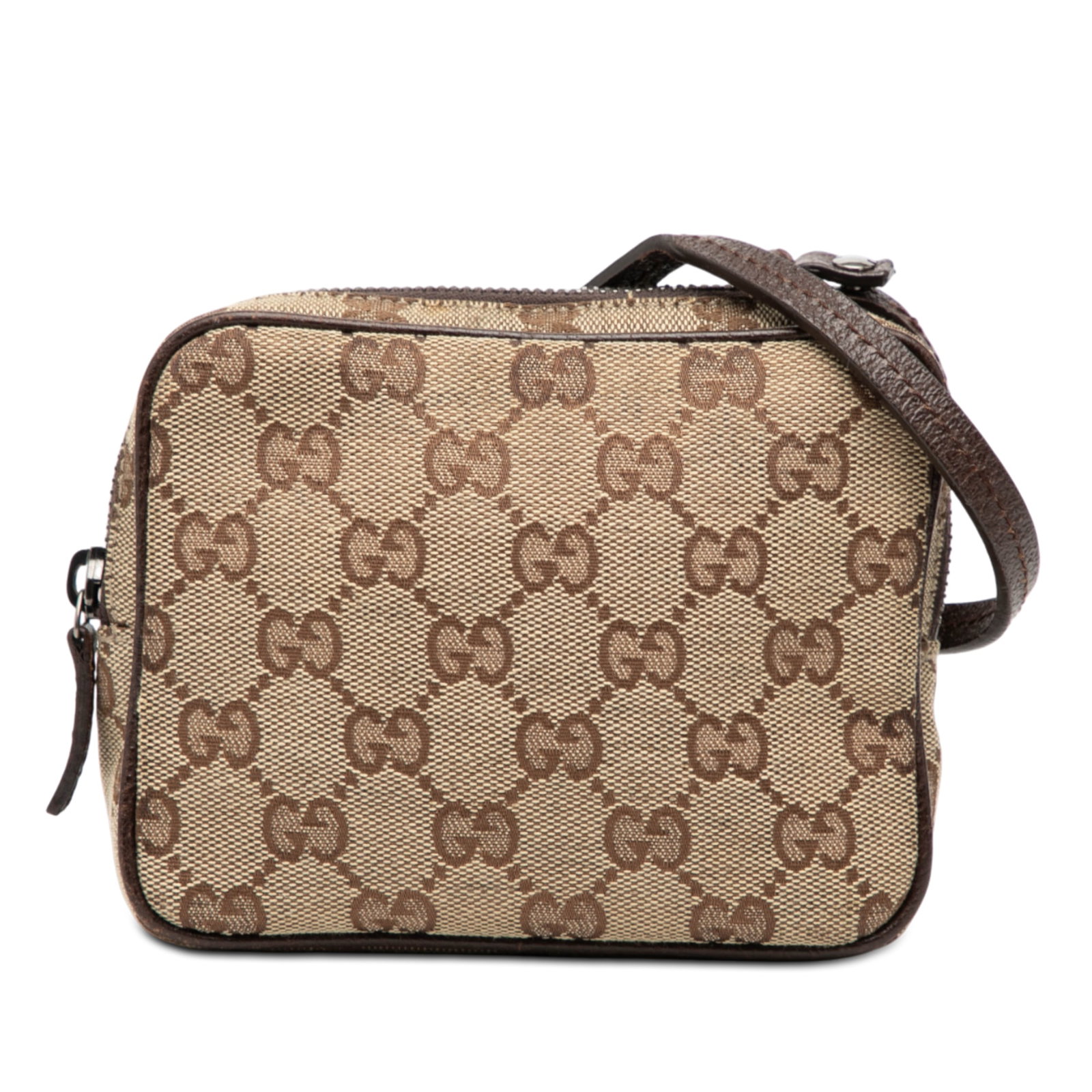 Gucci GG Canvas Beige Fabric Crossbody Bag with Leather Trim: Gucci GG Canvas Beige Fabric Crossbody Bag with Leather Trim This Gucci GG Canvas Crossbody bag showcases a beige canvas body with leather trim, complemented by a flat leather strap and a top zip clos