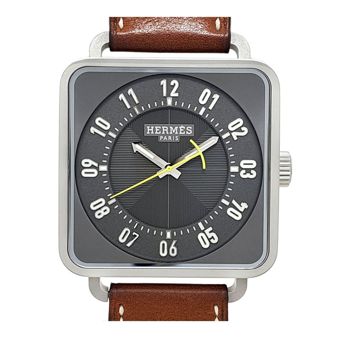 Hermes Carre H Automatic Steel Leather Strap Watch T12.710: Hermes Carre H Automatic Steel Leather Strap Watch T12.710 This Hermes Carre H T12.710 automatic wristwatch features a stainless steel case and a gray dial, designed specifically for men. The watch is